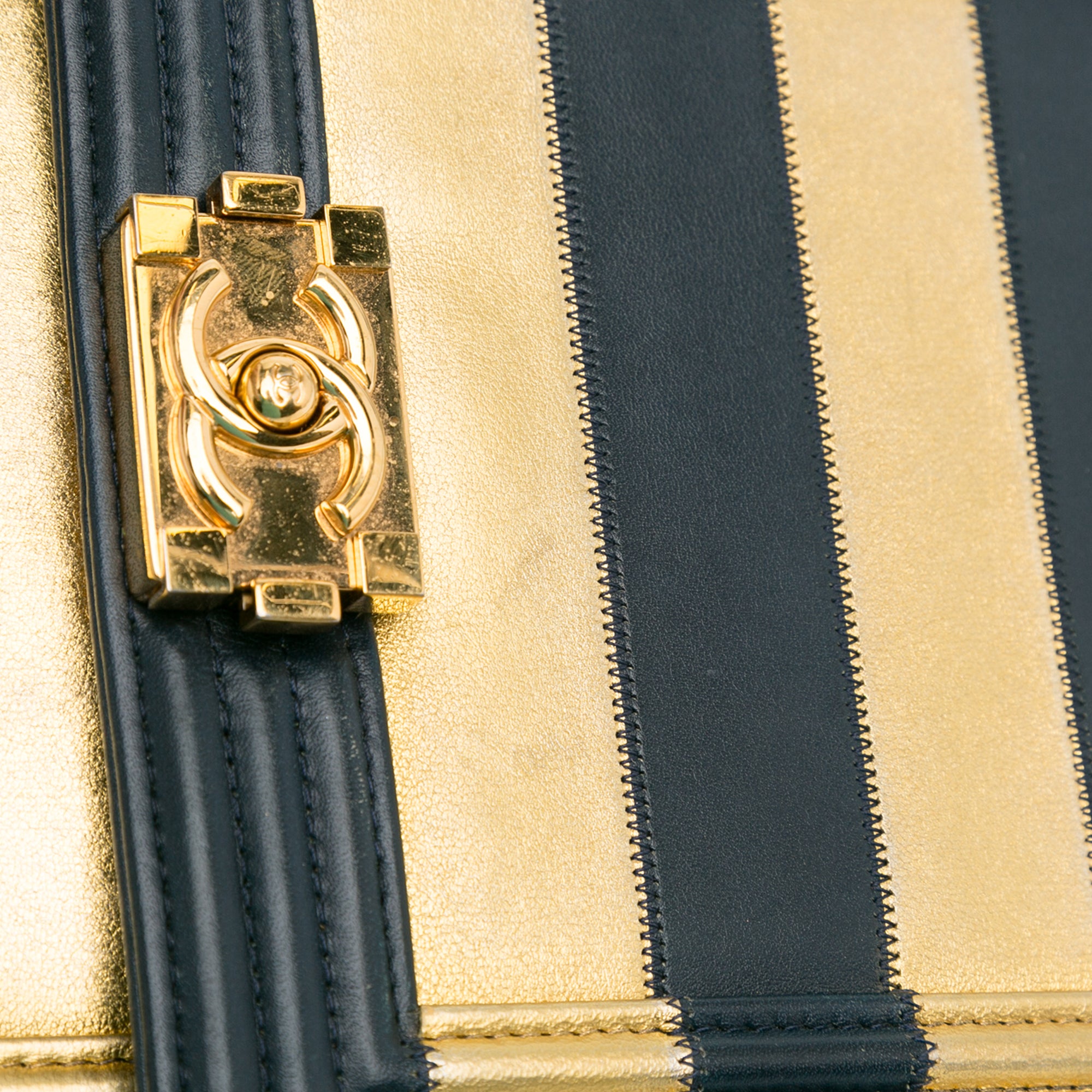 Metallic Lambskin Striped North South Boy Flap