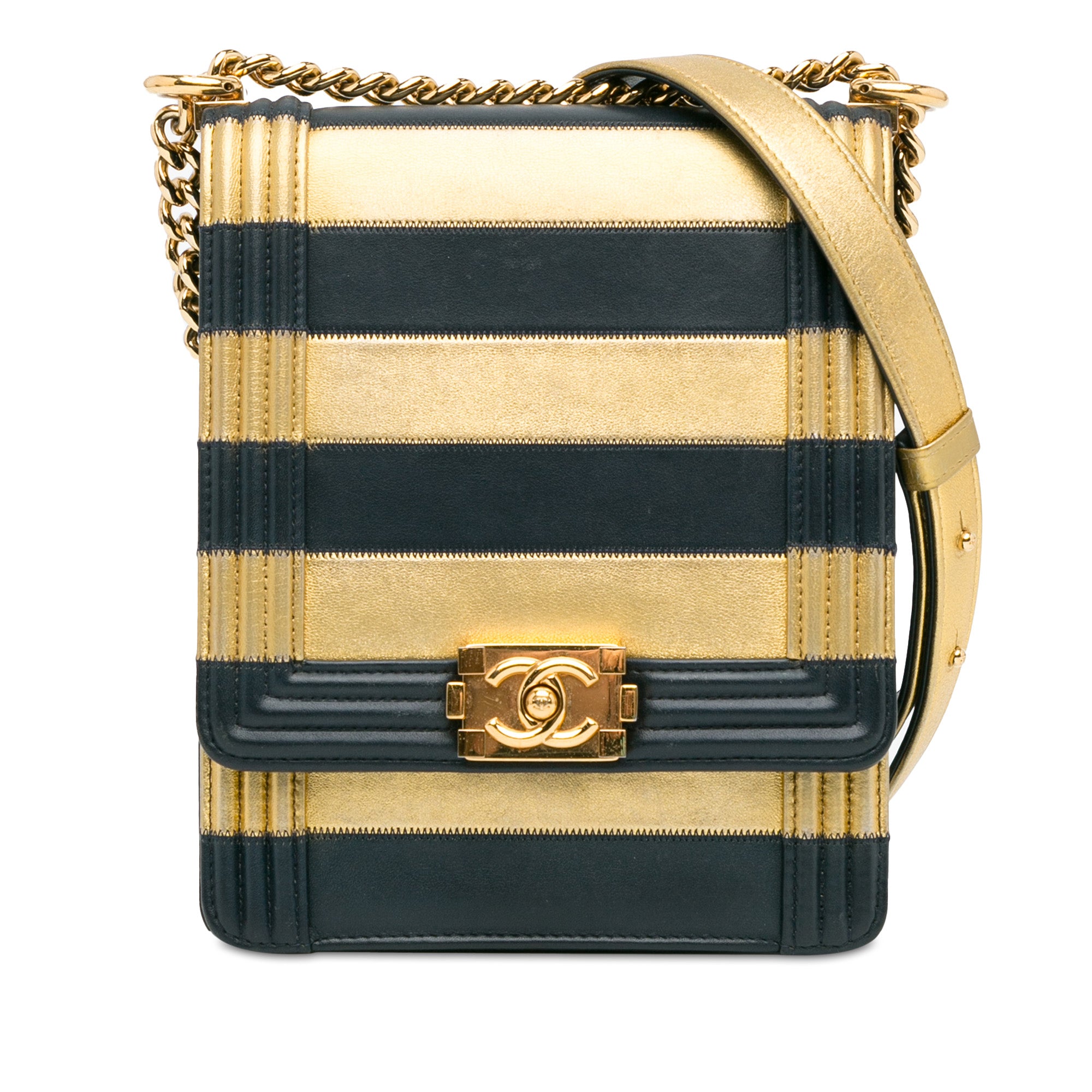 Metallic Lambskin Striped North South Boy Flap