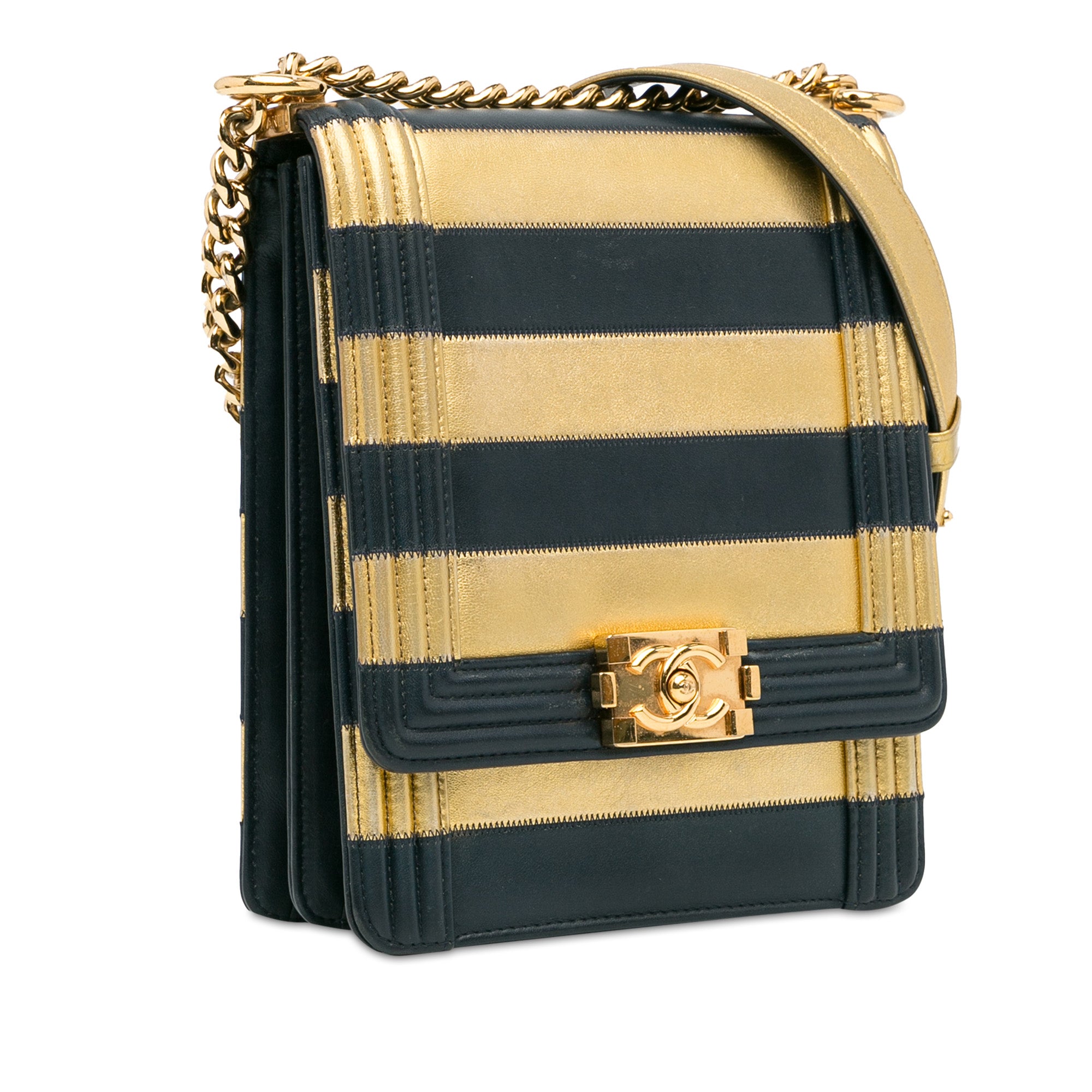 Metallic Lambskin Striped North South Boy Flap