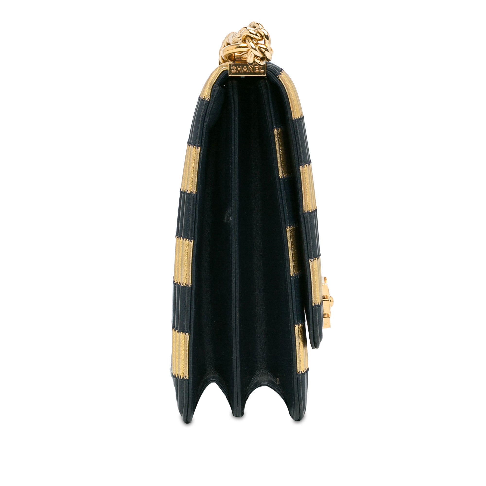 Paris New York Metallic Lambskin Striped North South Boy Flap