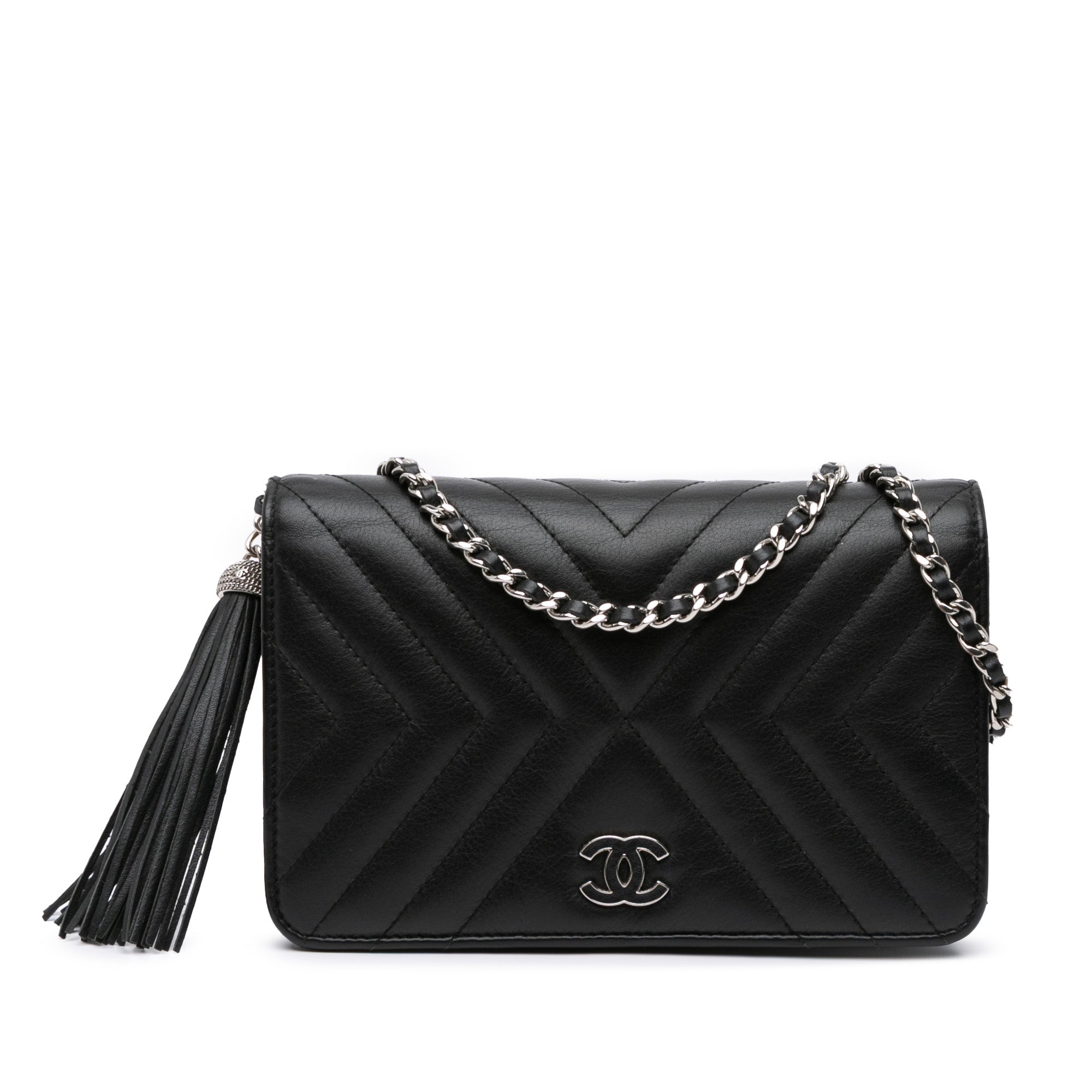 Diagonal Chevron Calfskin Tassel Wallet On Chain