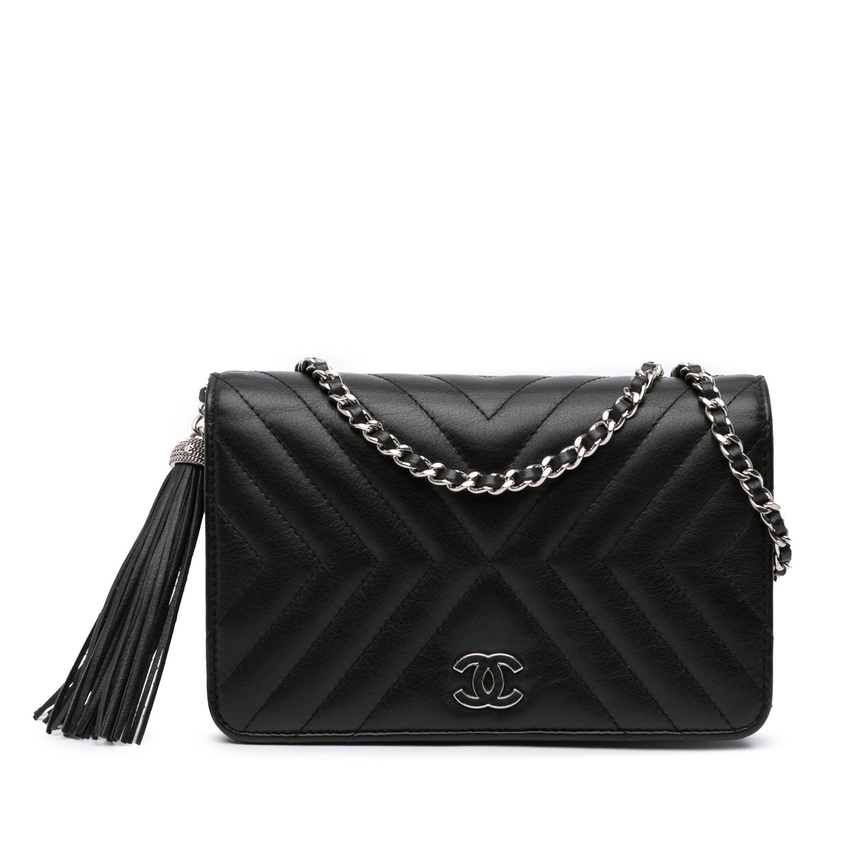 Diagonal Chevron Calfskin Tassel Wallet On Chain