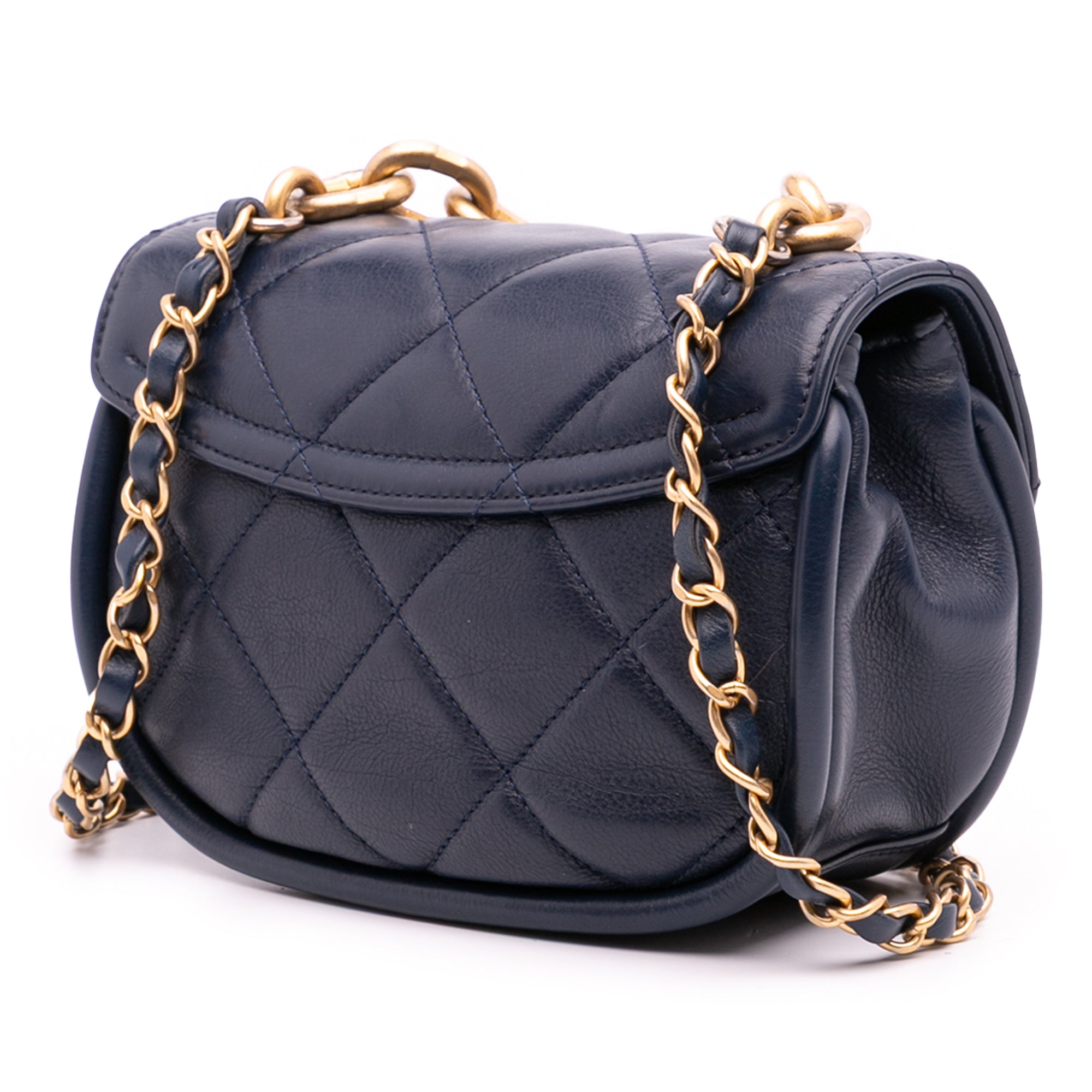 Mini CC Quilted Calfskin Round Moon Messenger Flap