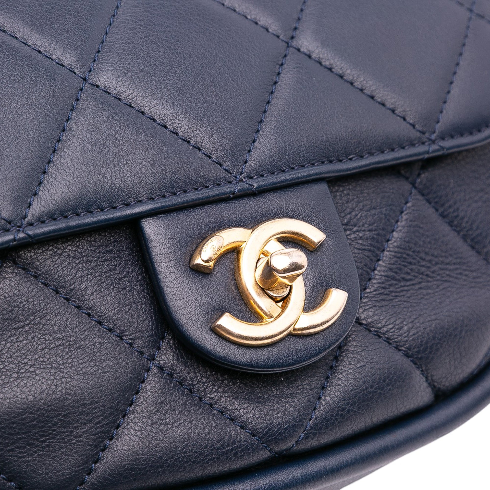 Mini CC Quilted Calfskin Round Moon Messenger Flap