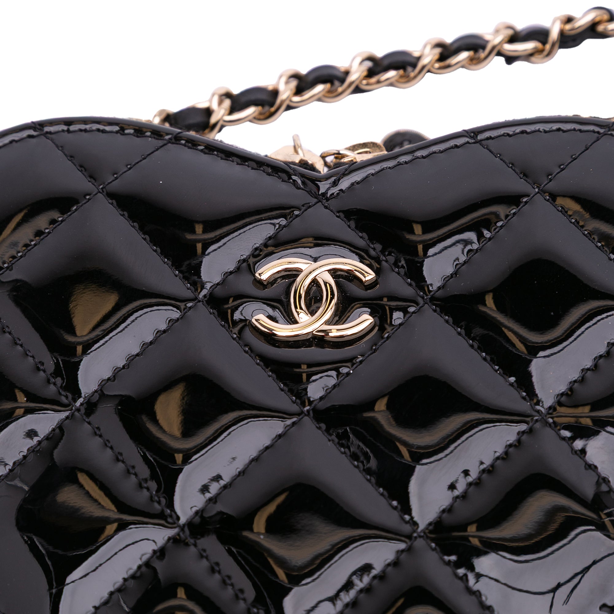 Quilted Patent Calfskin CC Heart Clutch With Chain