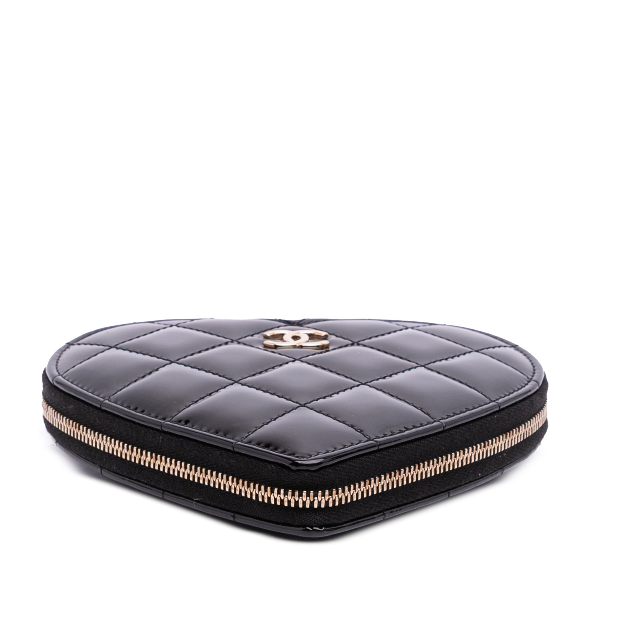 Quilted Patent Calfskin CC Heart Clutch With Chain