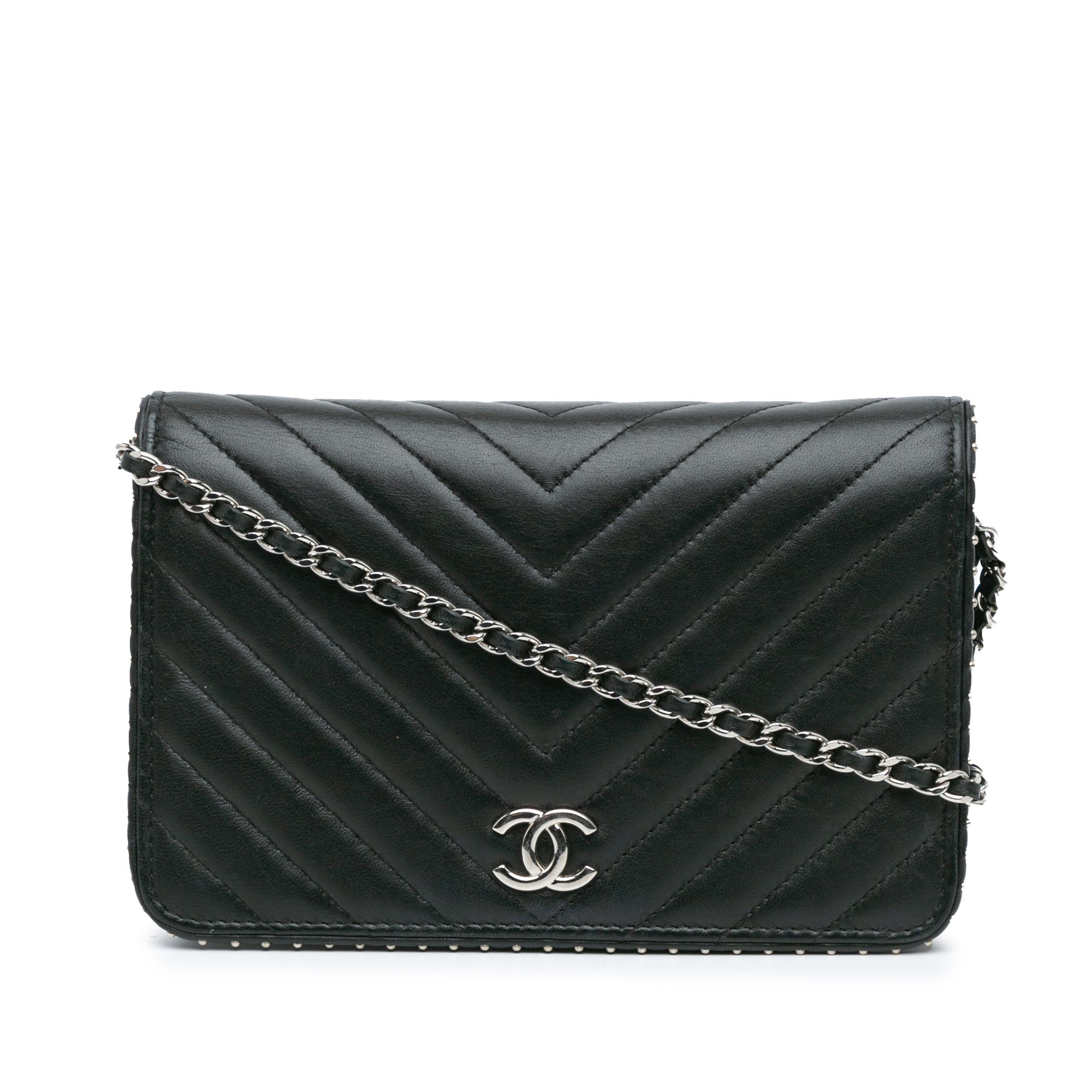 Chevron Lambskin Studded Wallet On Chain