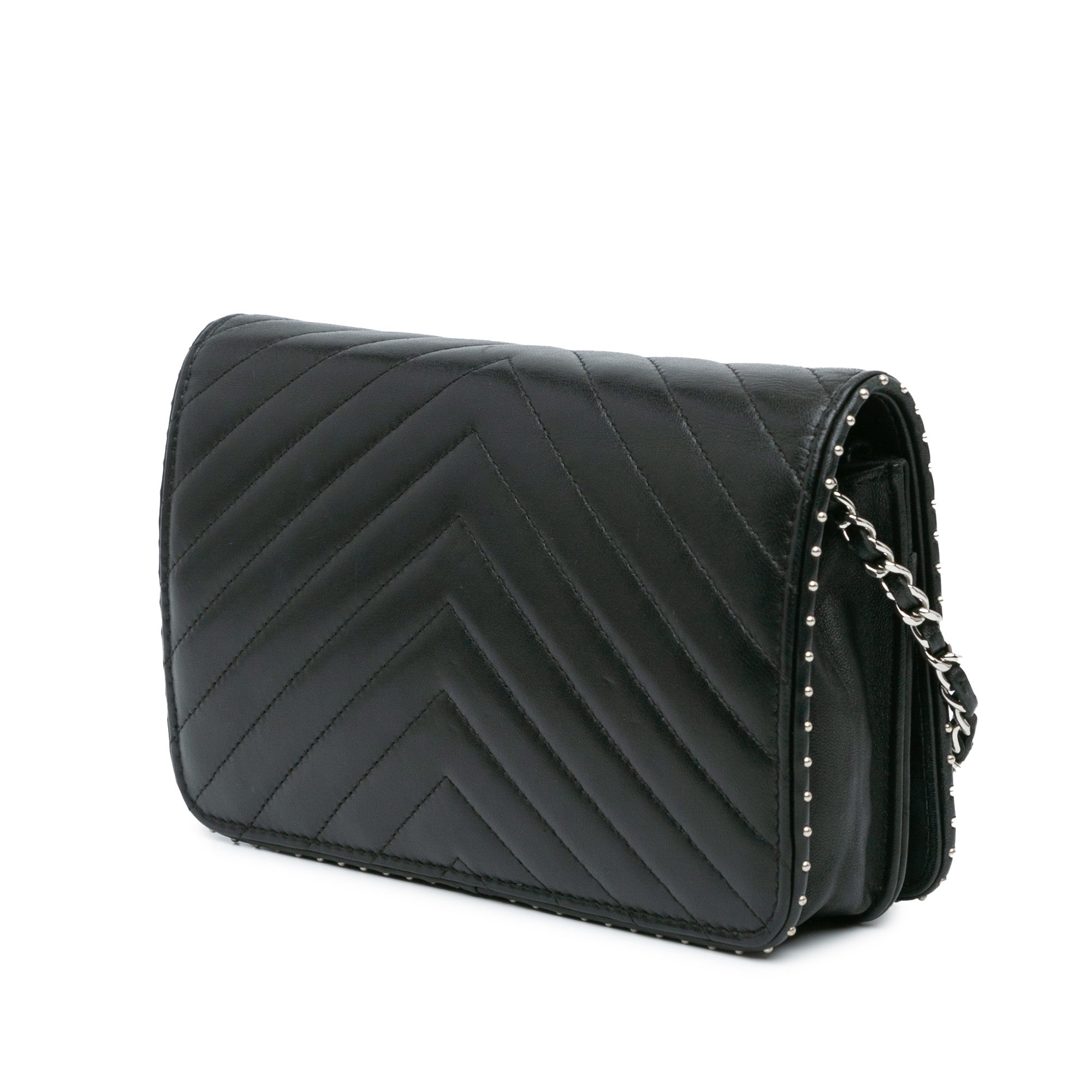 Chevron Lambskin Studded Wallet On Chain