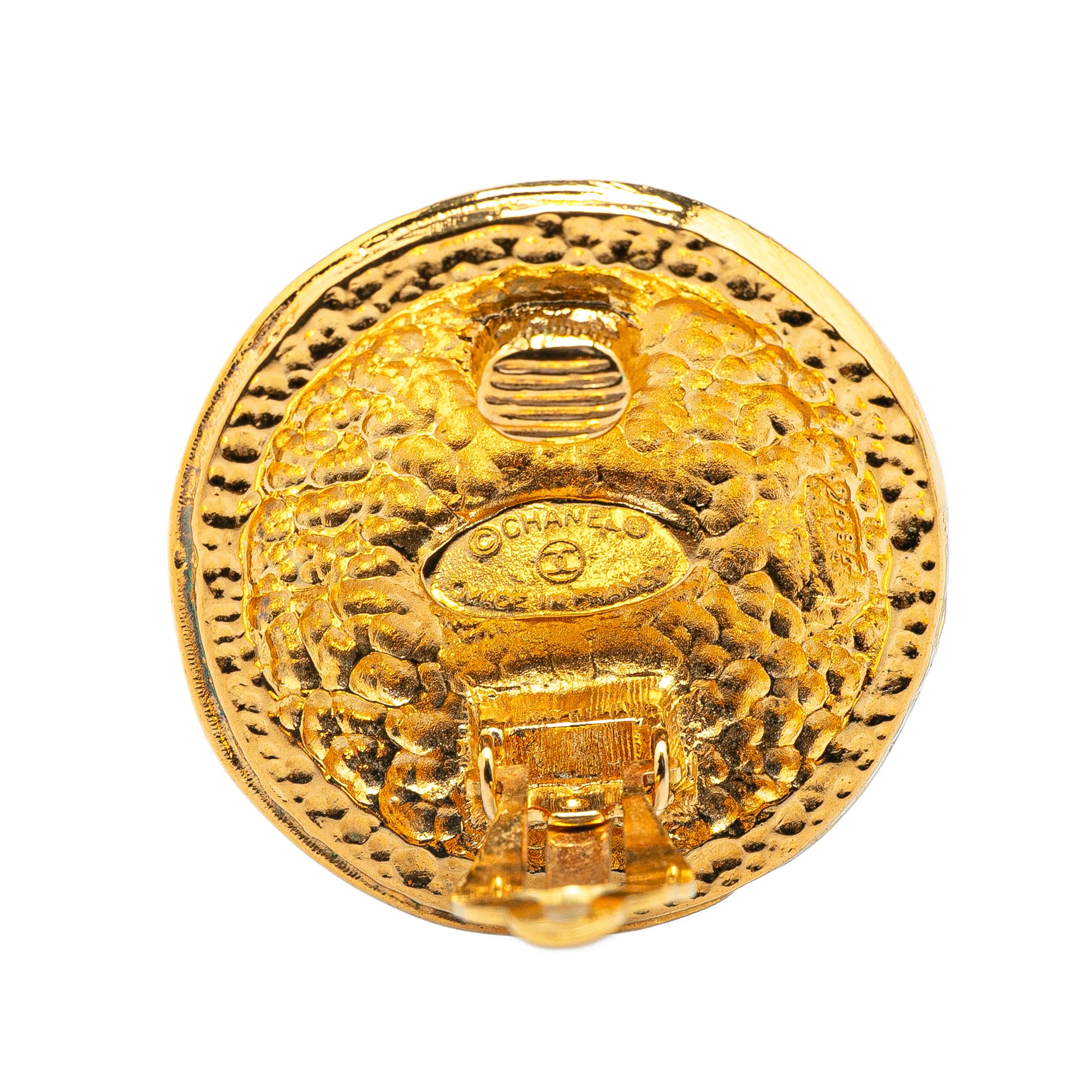 Gold Plated CC Round Shield Clip on Earrings