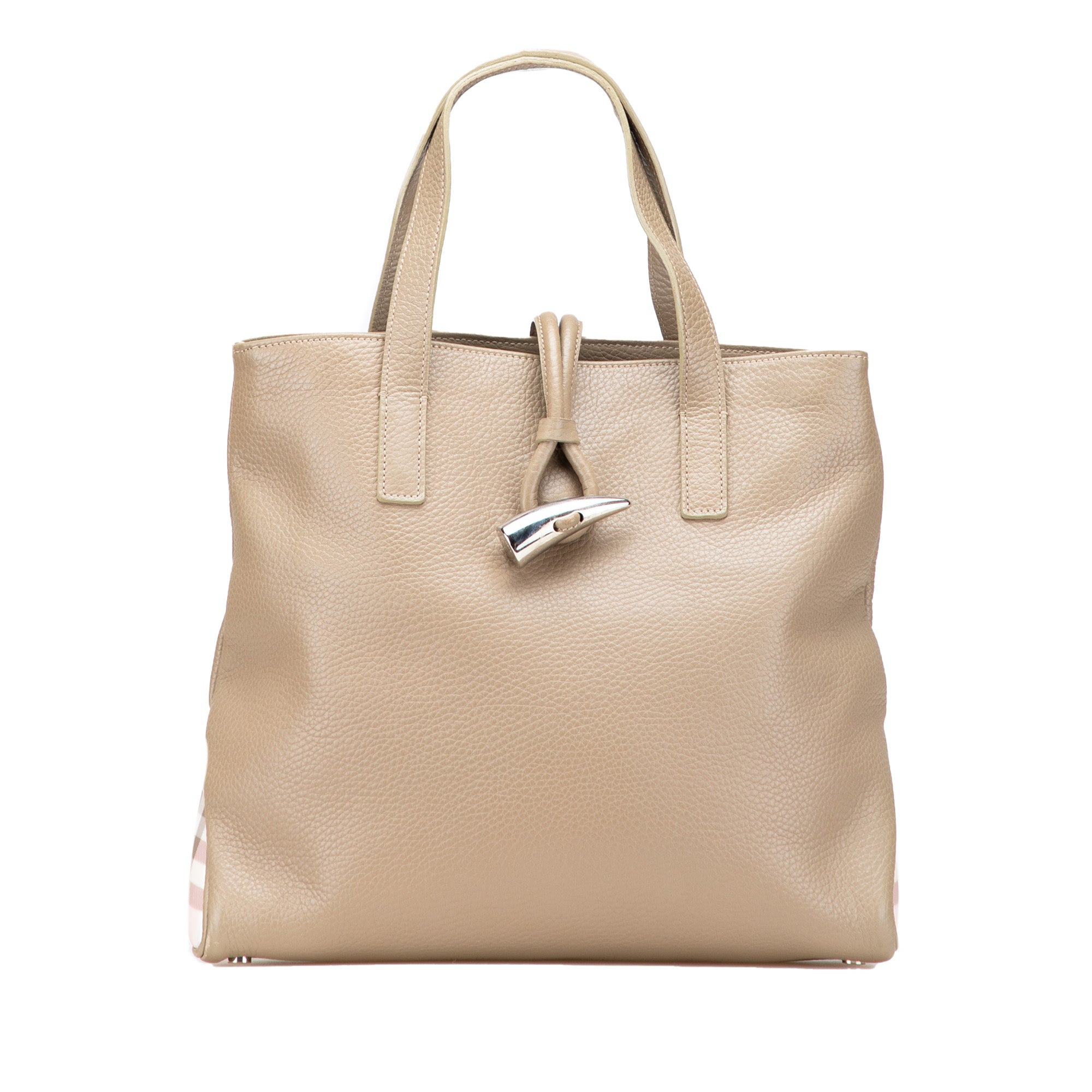 House Check Trimmed Grainy Calfskin Horn Toggle Tote