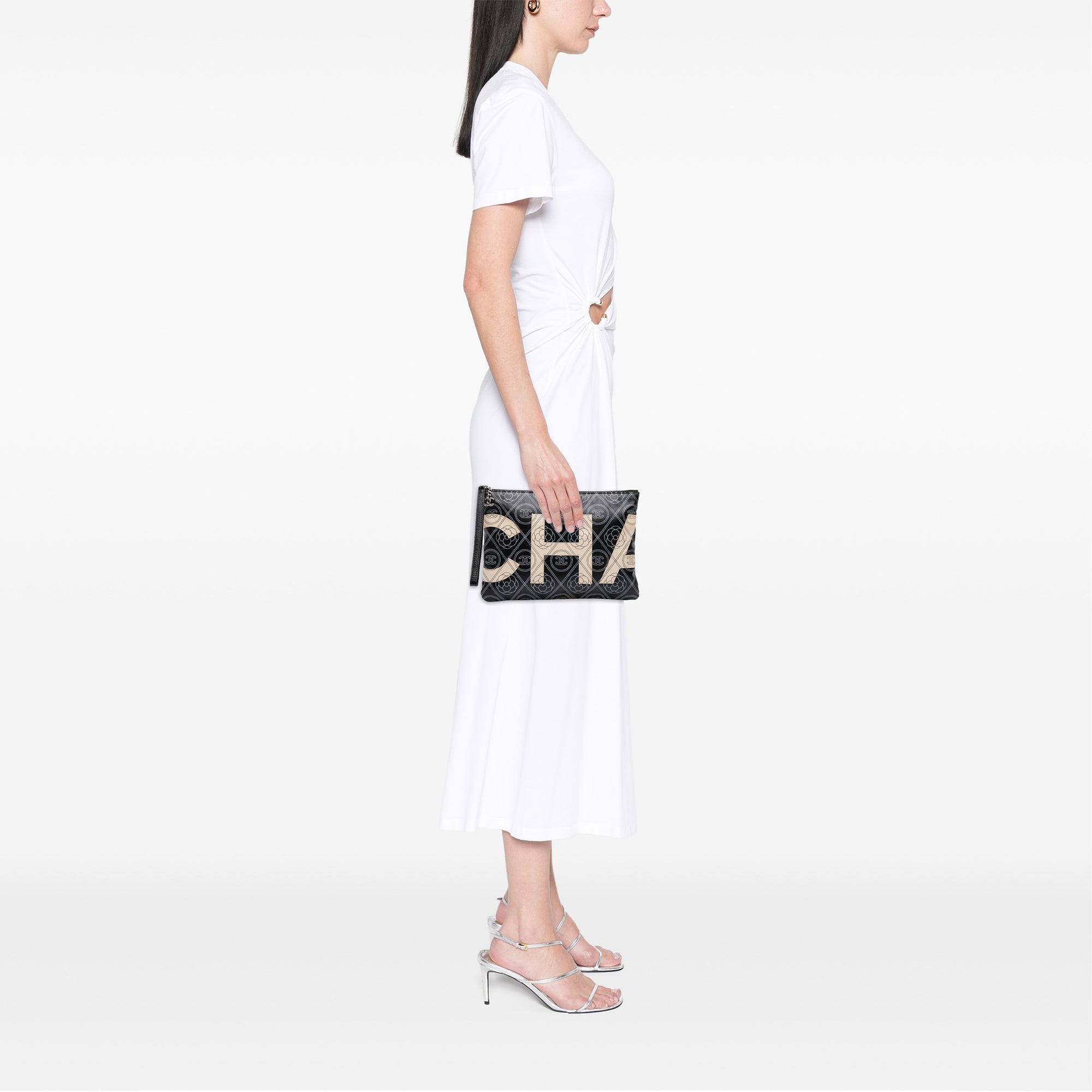 Coated Canvas Camellia Logo Wristlet Clutch