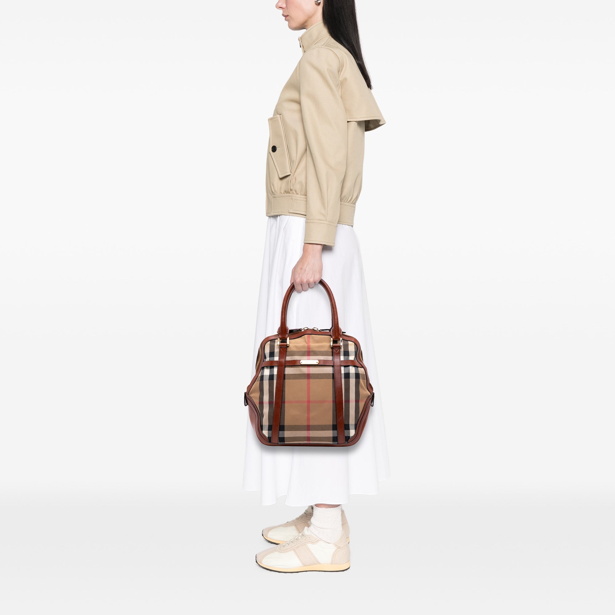 Small Leather Trimmed House Check Canvas Bridle Orchard Satchel