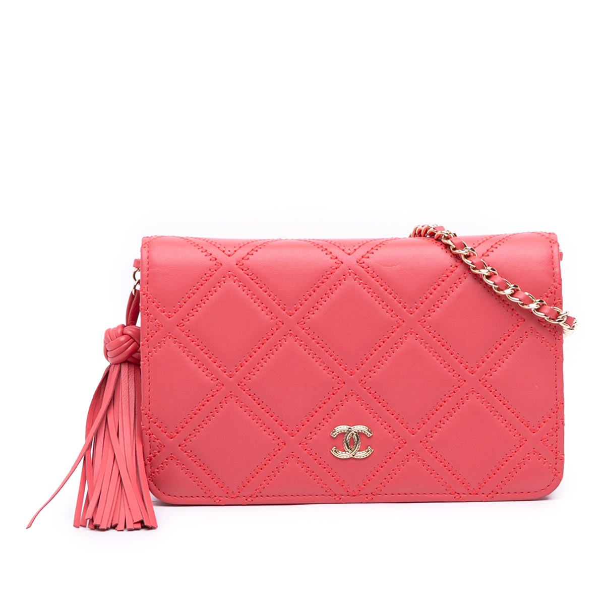 Quilted Lambskin Double Stitch Tassel Wallet On Chain