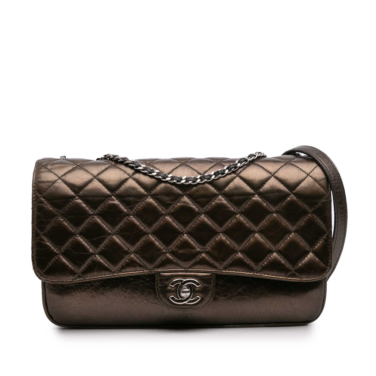 Medium Metallic Crackled Calfskin Clams Pocket Flap