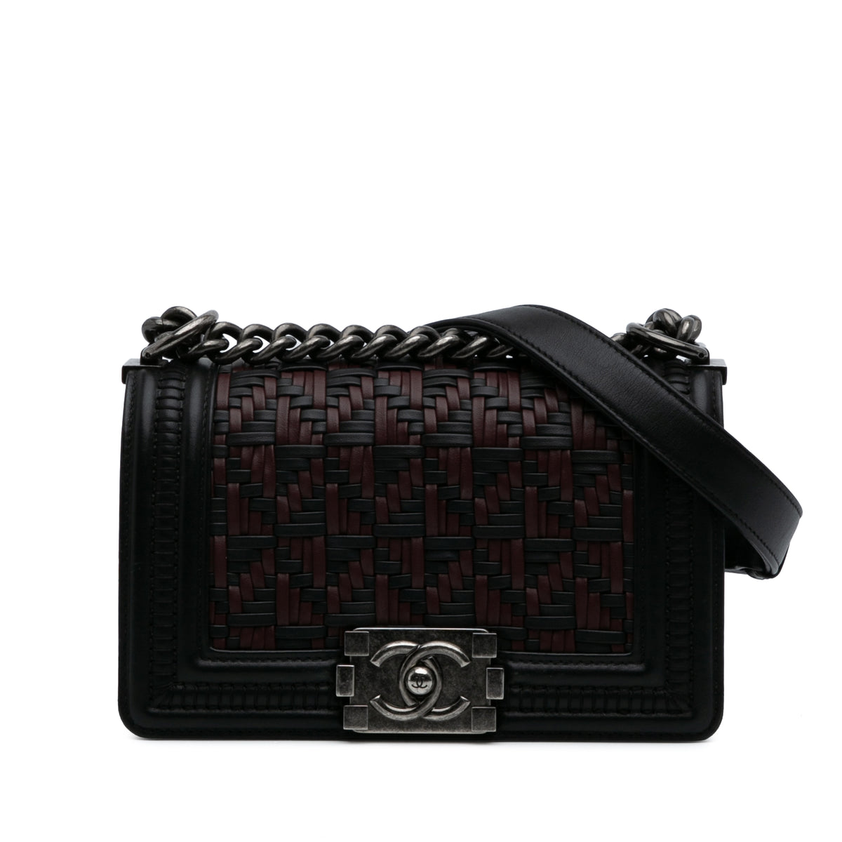 Small Bicolor Woven Calfskin Boy Flap