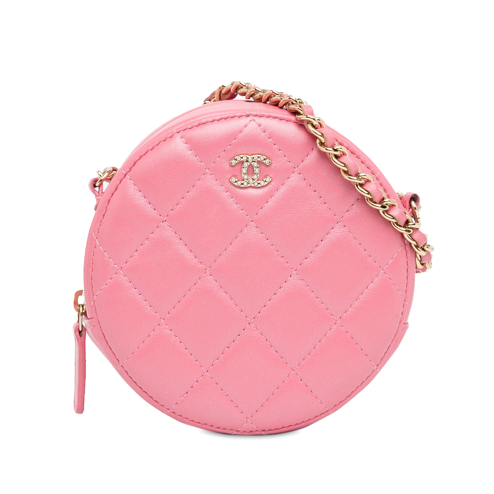 CC Quilted Lambskin Pearl Crush Round Clutch with Chain_0