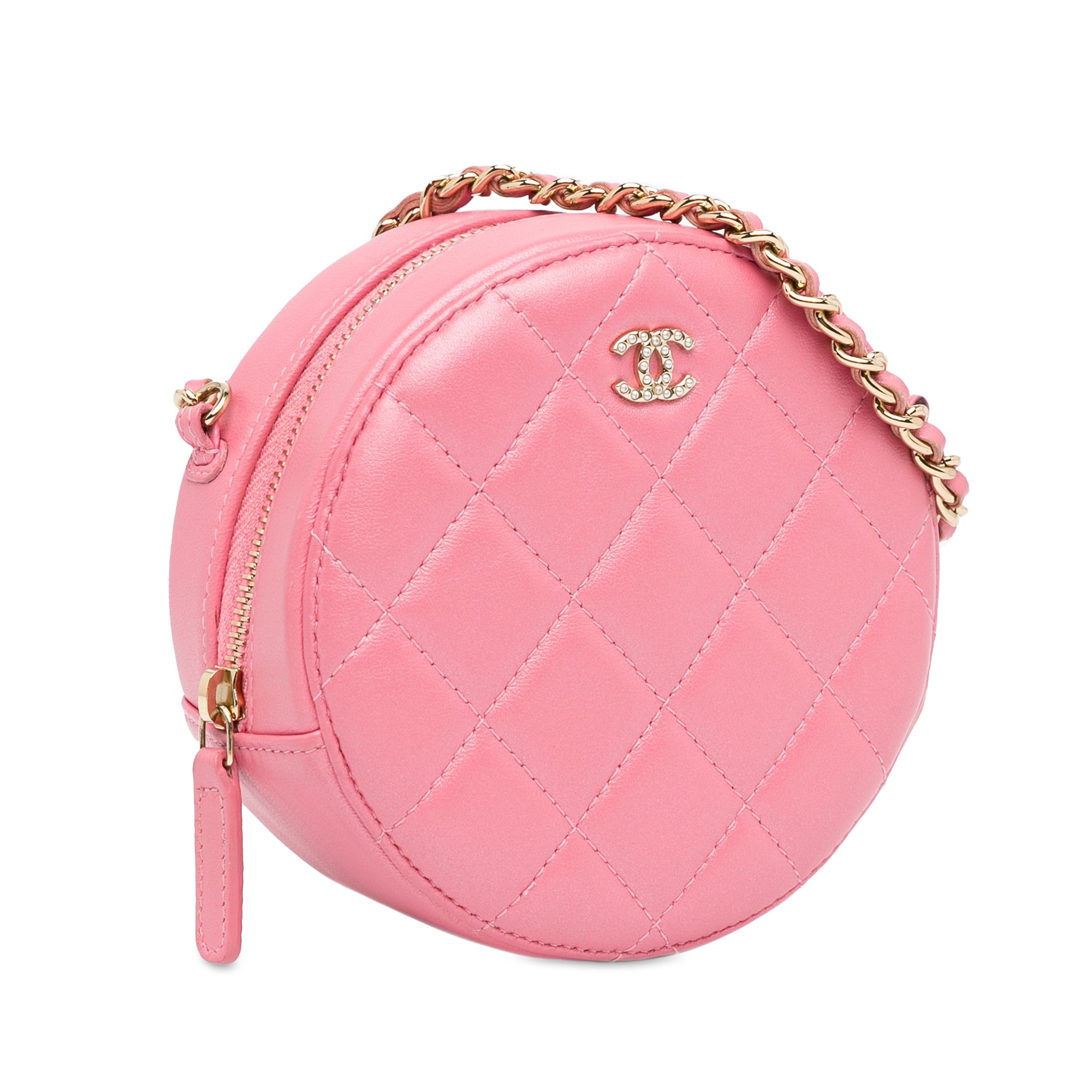 CC Quilted Lambskin Pearl Crush Round Clutch with Chain