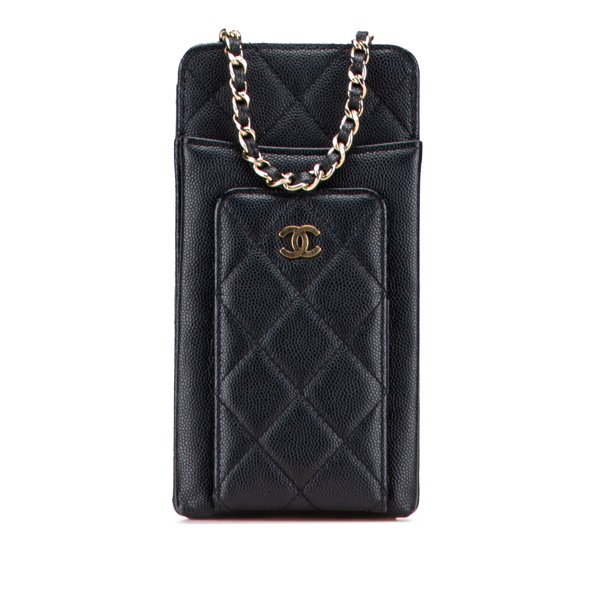 CC Quilted Caviar Zip Phone Holder with Chain