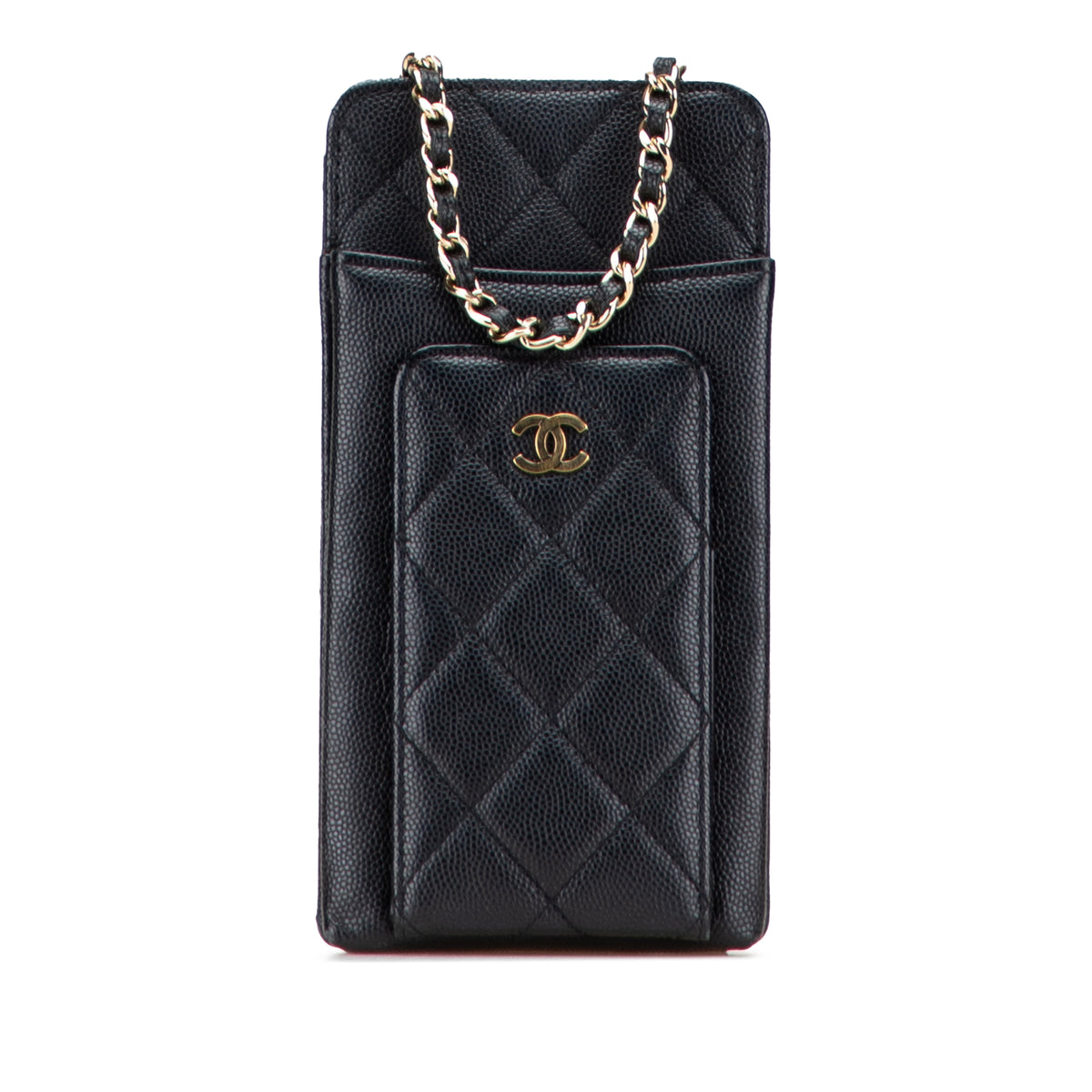 CC Quilted Caviar Zip Phone Holder with Chain