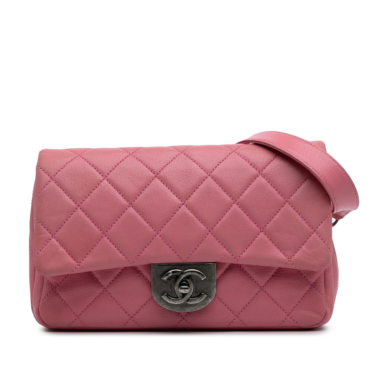 Small Quilted Shiny Goatskin Double Carry Waist Chain Flap