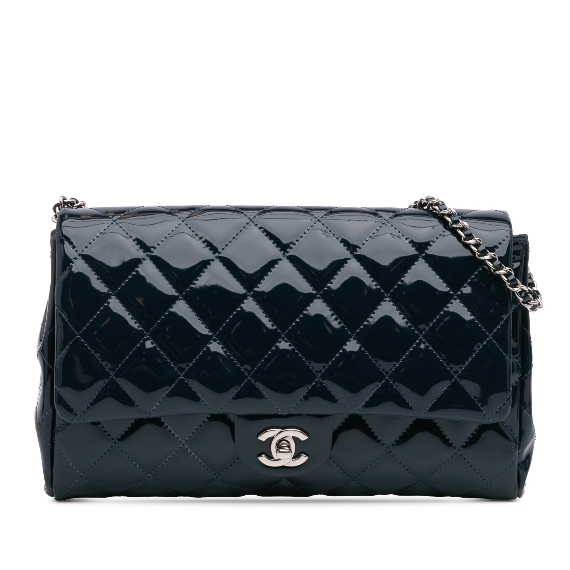 CC Quilted Patent Clutch With Chain