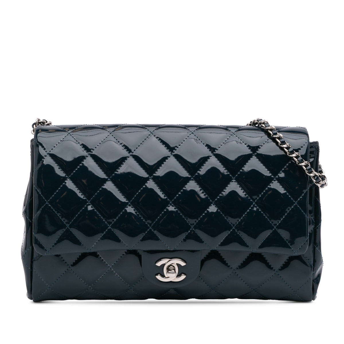 CC Quilted Patent Clutch With Chain