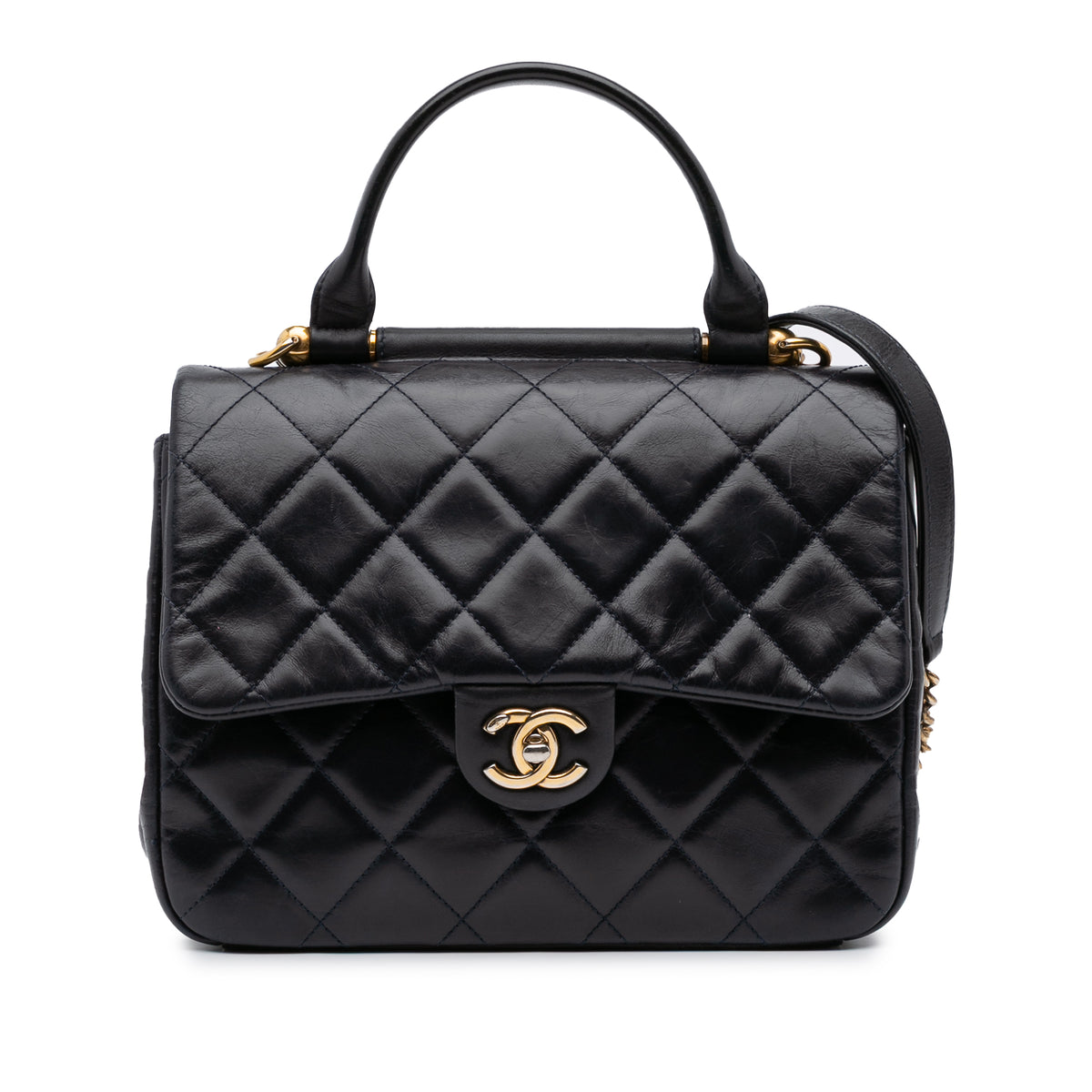 Medium Quilted Glazed Calfskin Gold Bar Top Handle Flap