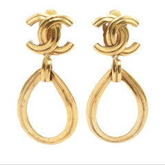 CC Gold Plated Teardrop Dangle Hoop Clip On Earrings
