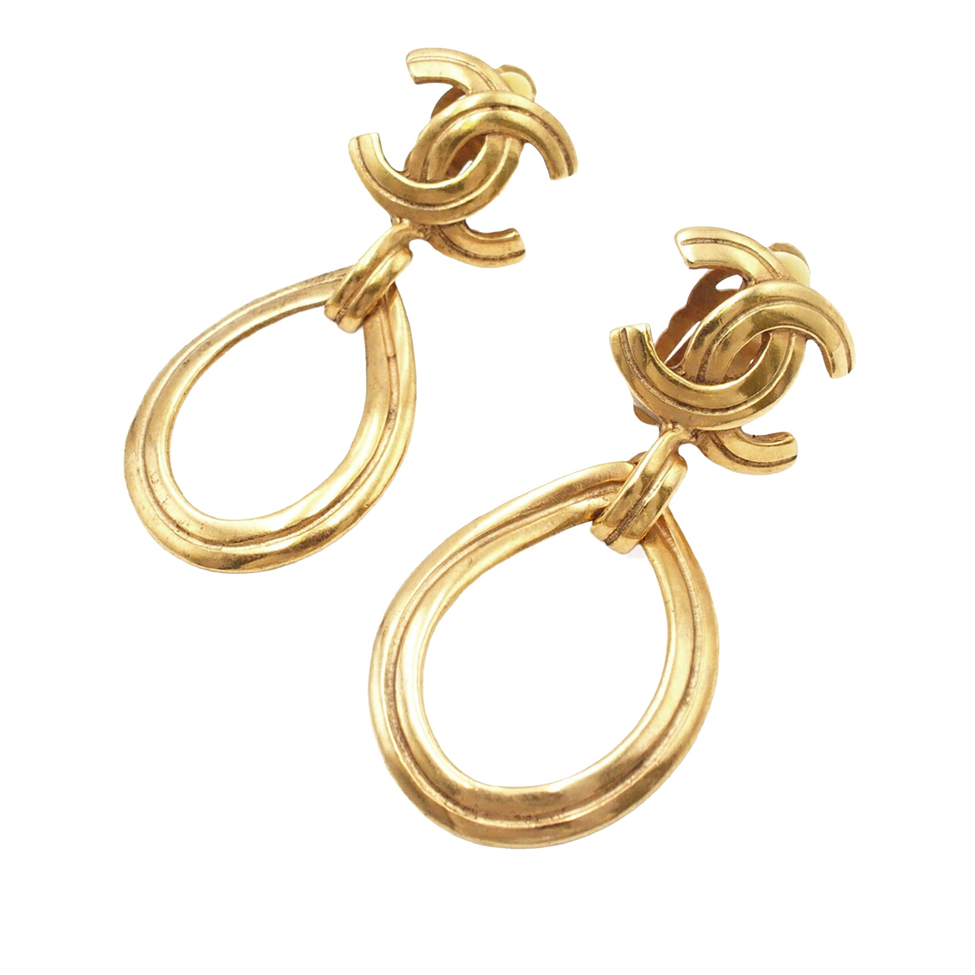 CC Gold Plated Teardrop Dangle Hoop Clip On Earrings