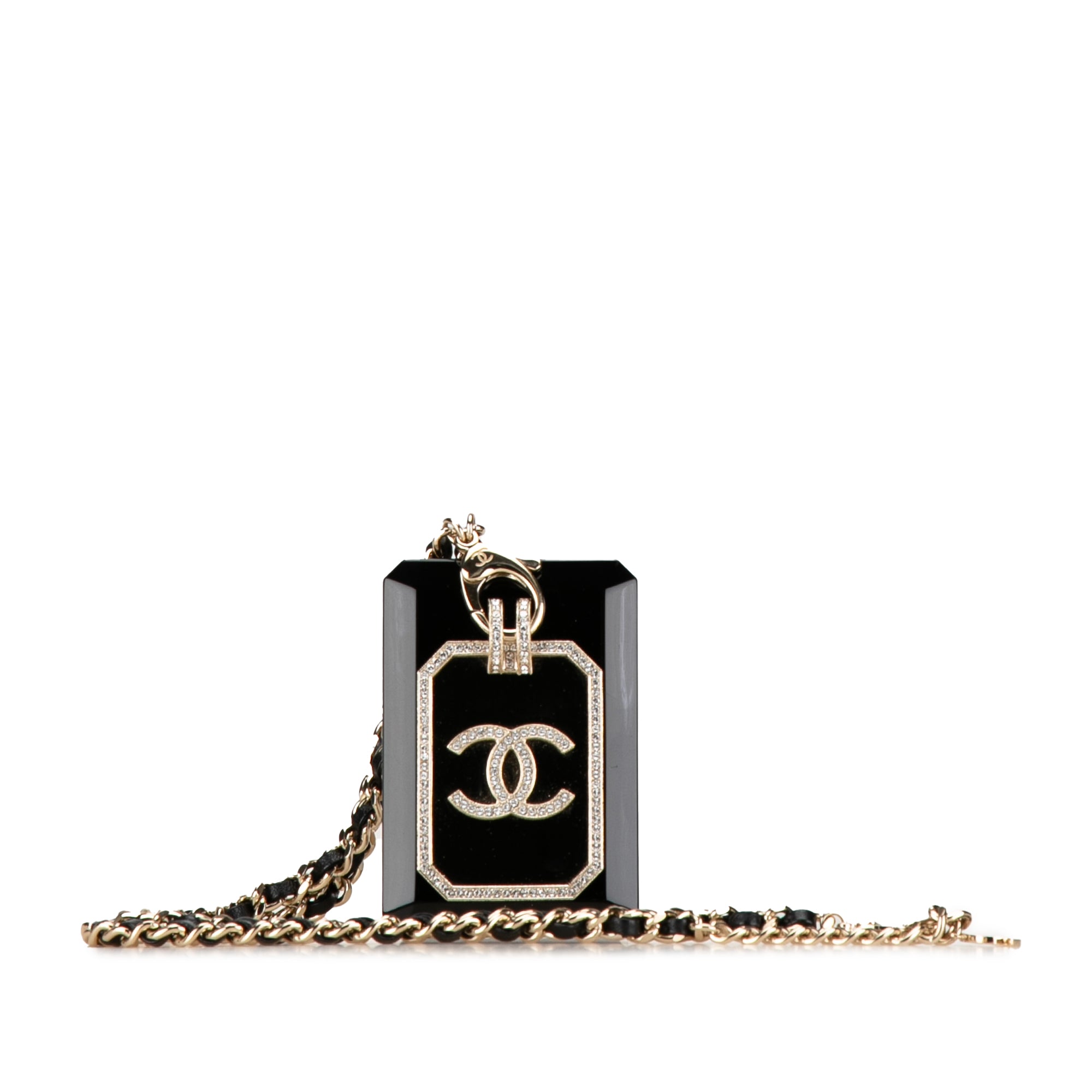 Rhinestone Embellished Resin and Leather Card Case Necklace_0