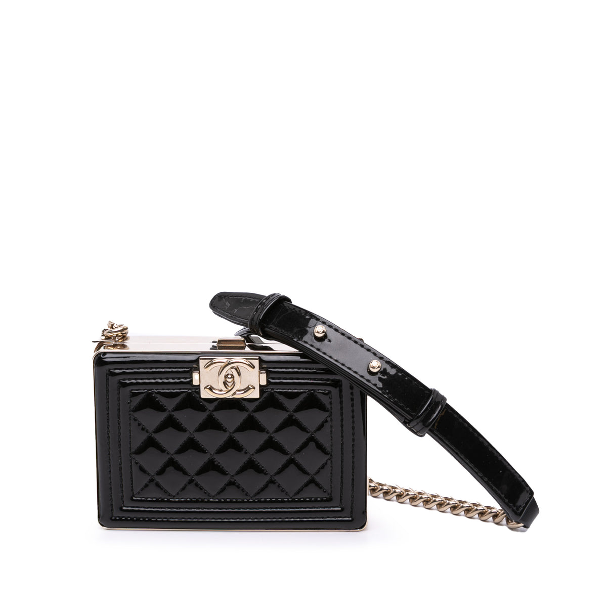 Quilted Patent Boy Box Minaudiere on Chain