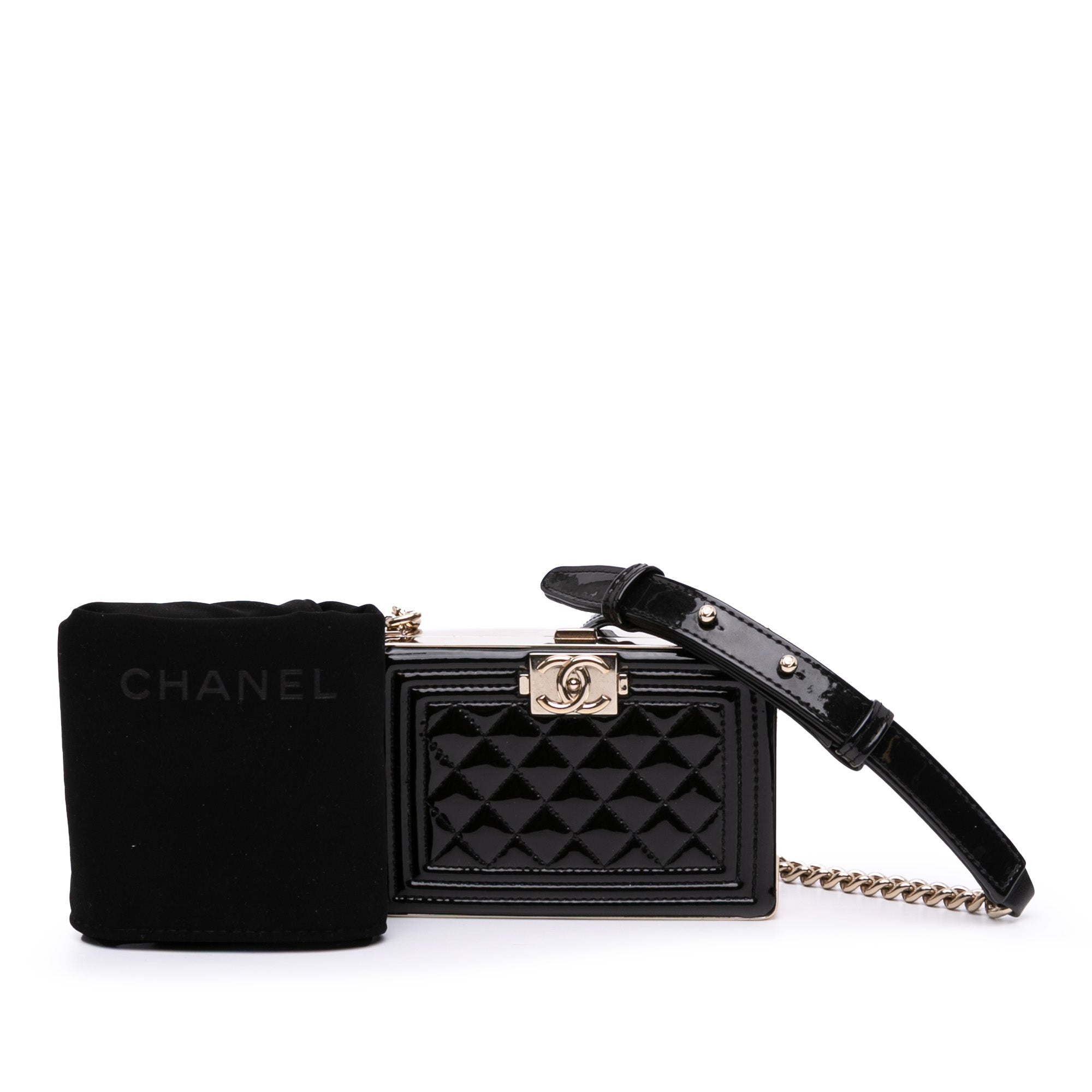 Quilted Patent Boy Box Minaudiere on Chain