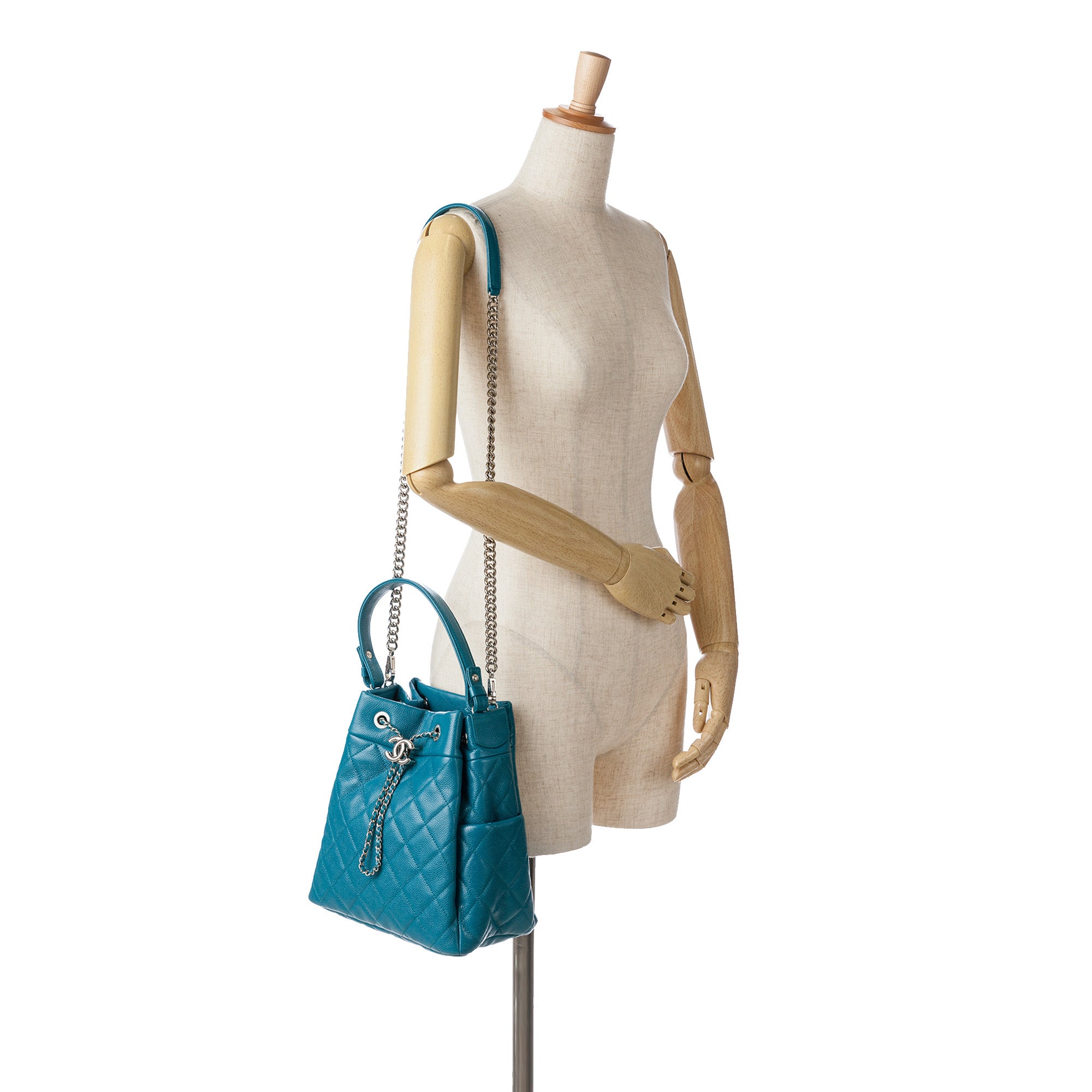 Quilted Caviar Drawstring Chain Bucket Bag