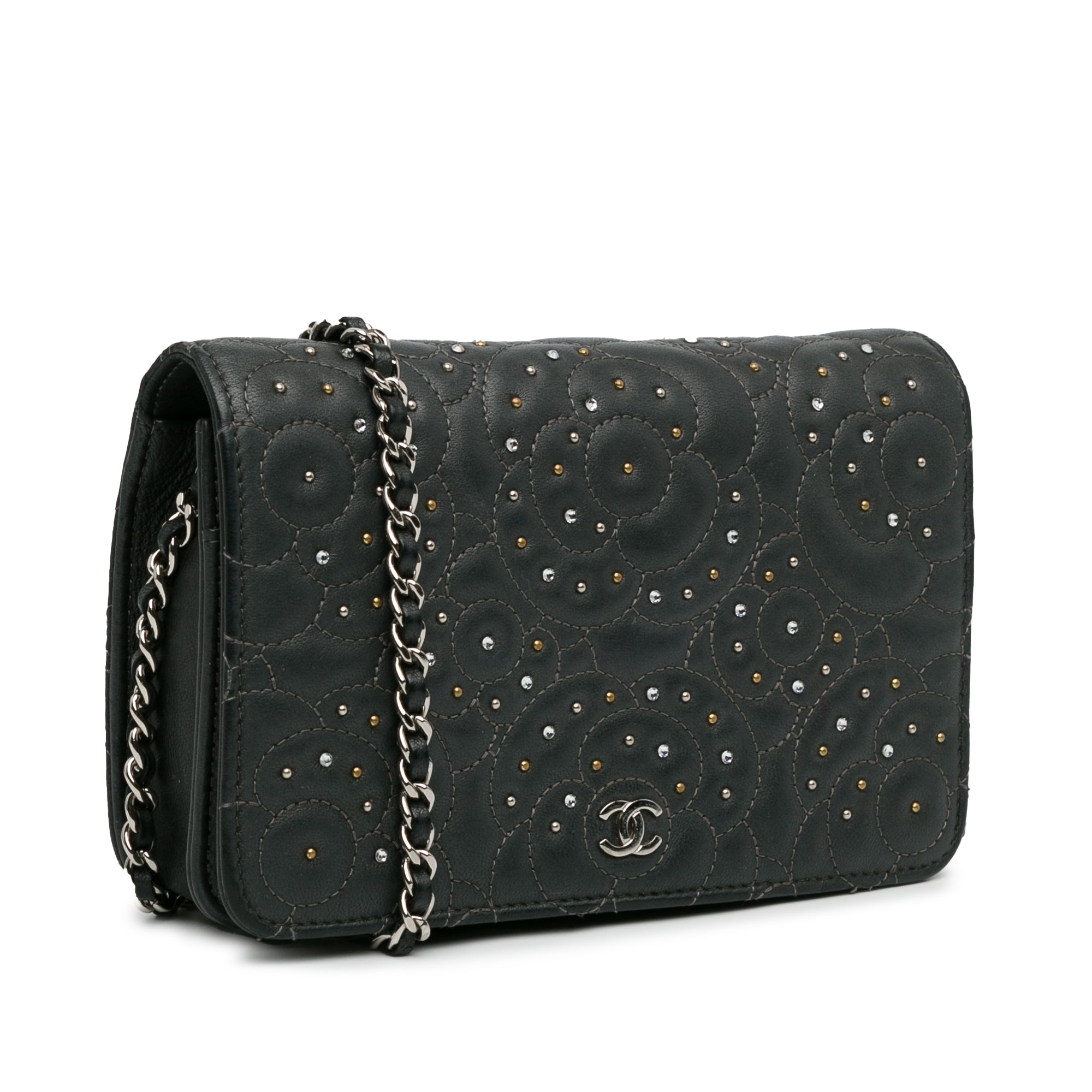 Studded Calfskin Camellia Wallet On Chain