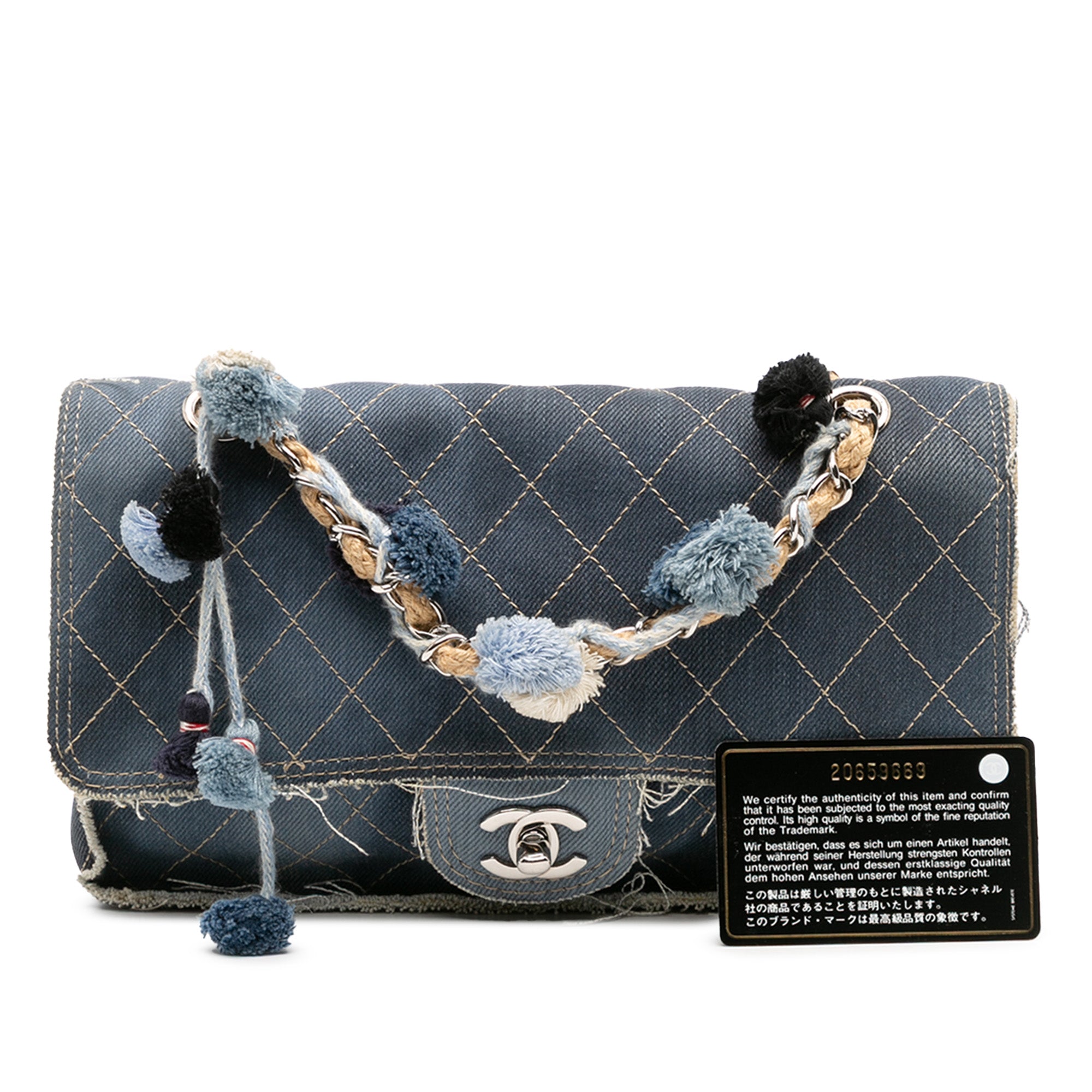 Paris Dubai Medium Quilted Denim Pompom Flap