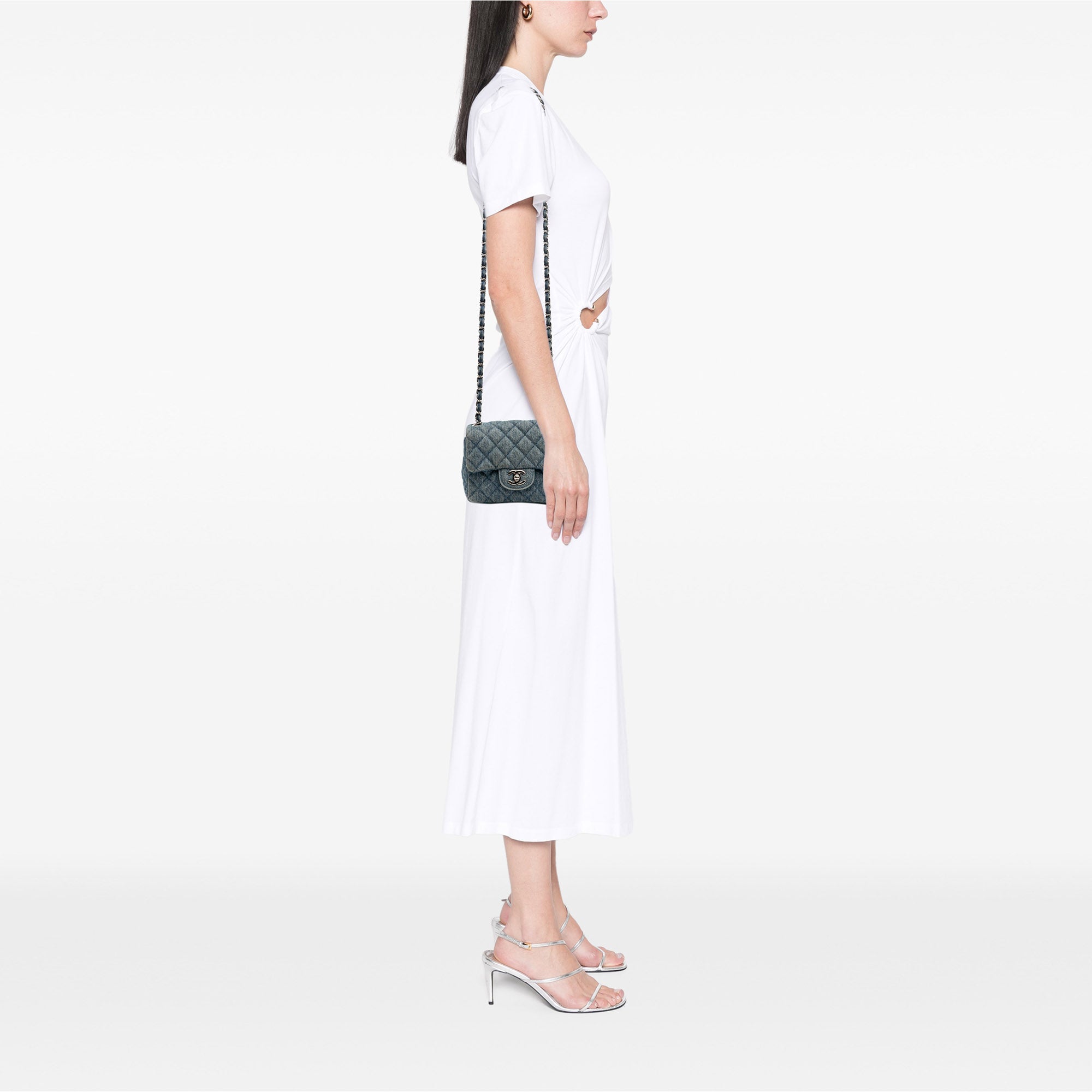 Mini Square CC Quilted Denim Single Flap