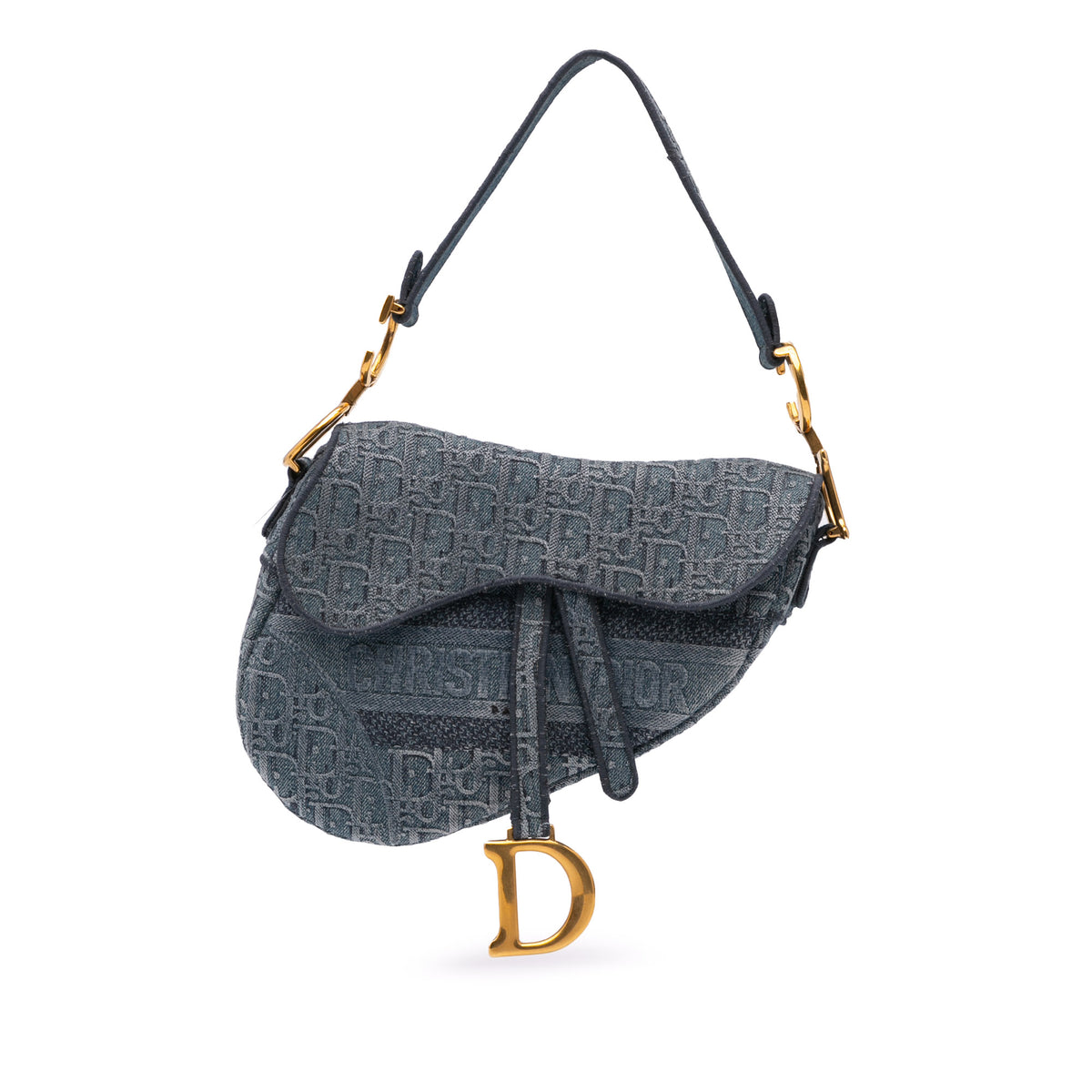 Oblique Embroidered Denim Saddle Bag