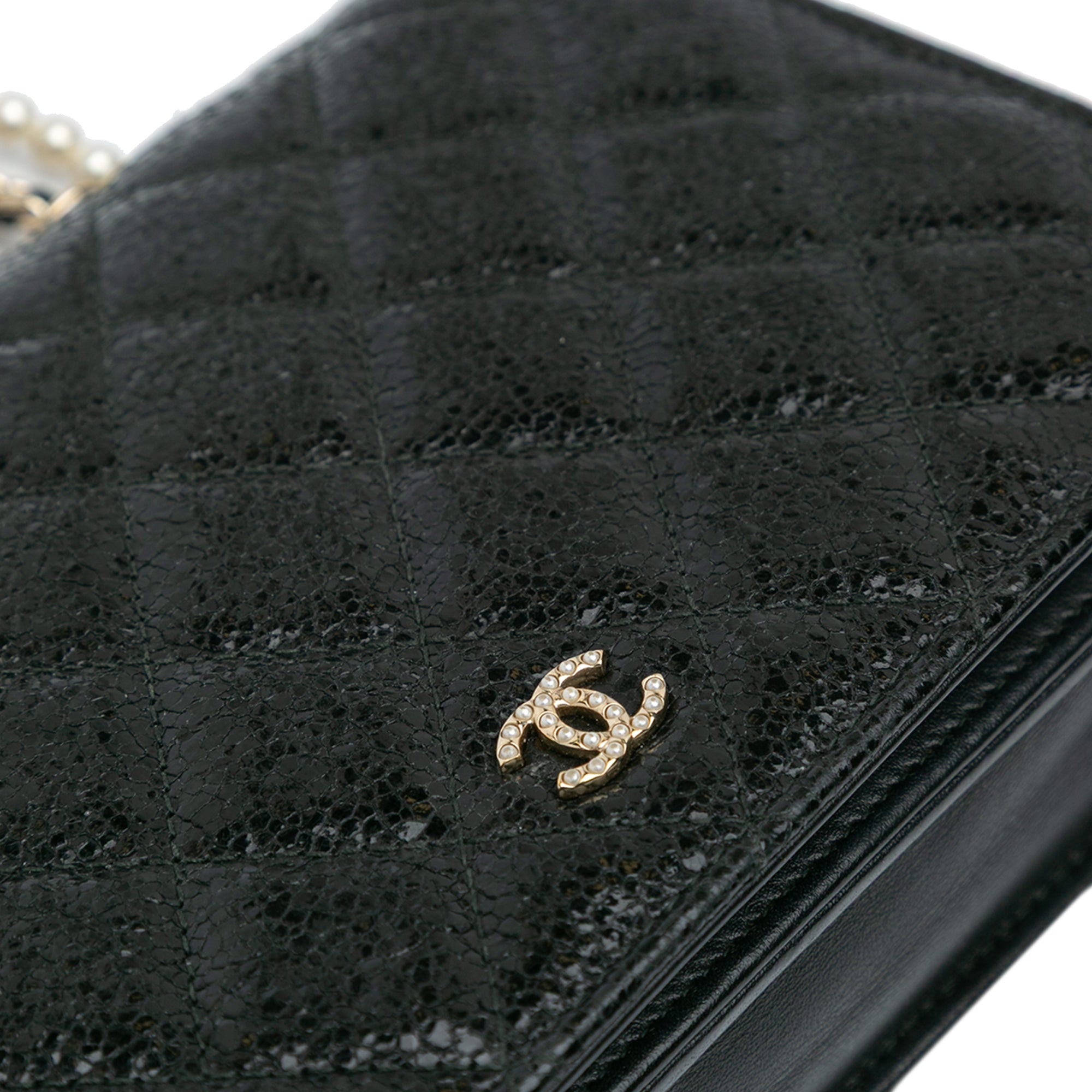 CC Quilted Crackled Patent Pearl Strap Wallet On Chain