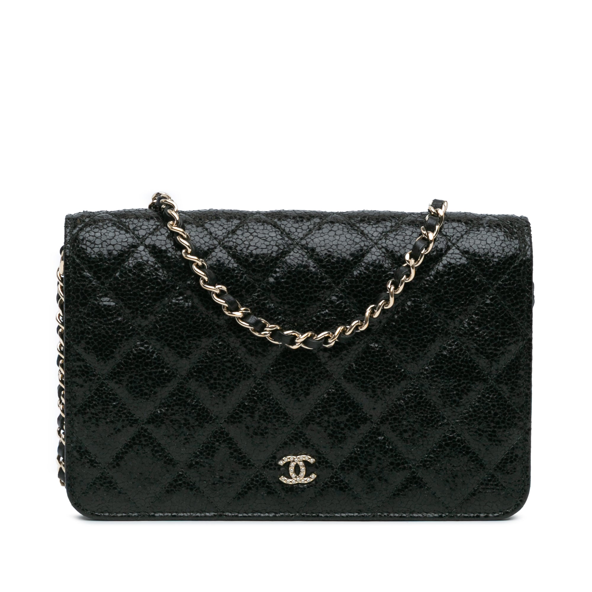 CC Quilted Crackled Patent Pearl Strap Wallet On Chain