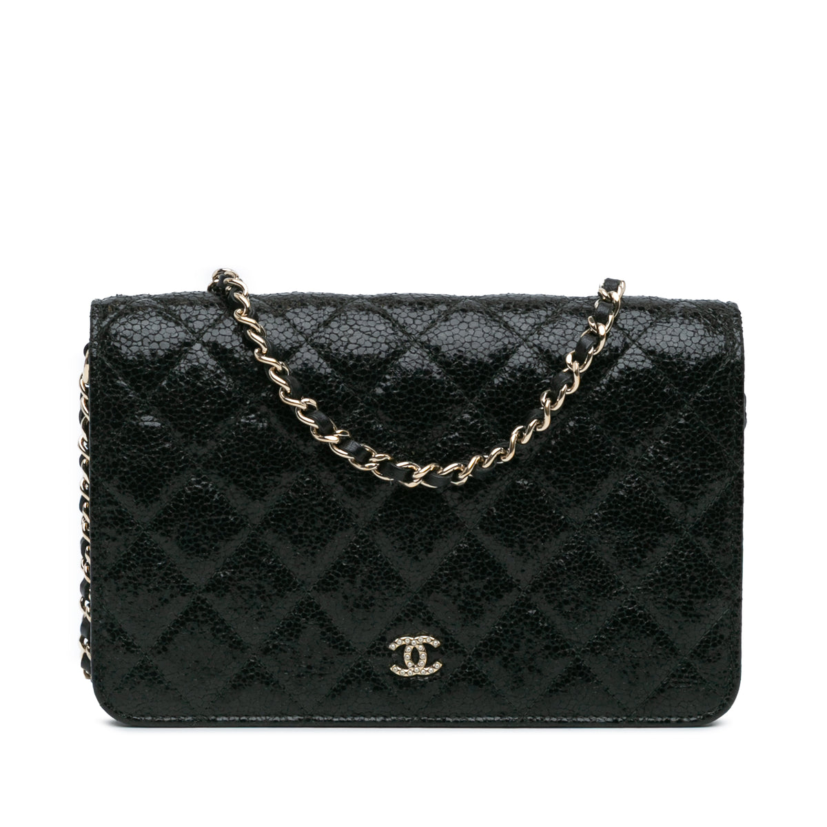 CC Quilted Crackled Patent Pearl Strap Wallet On Chain