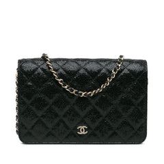 CC Quilted Crackled Patent Pearl Strap Wallet On Chain