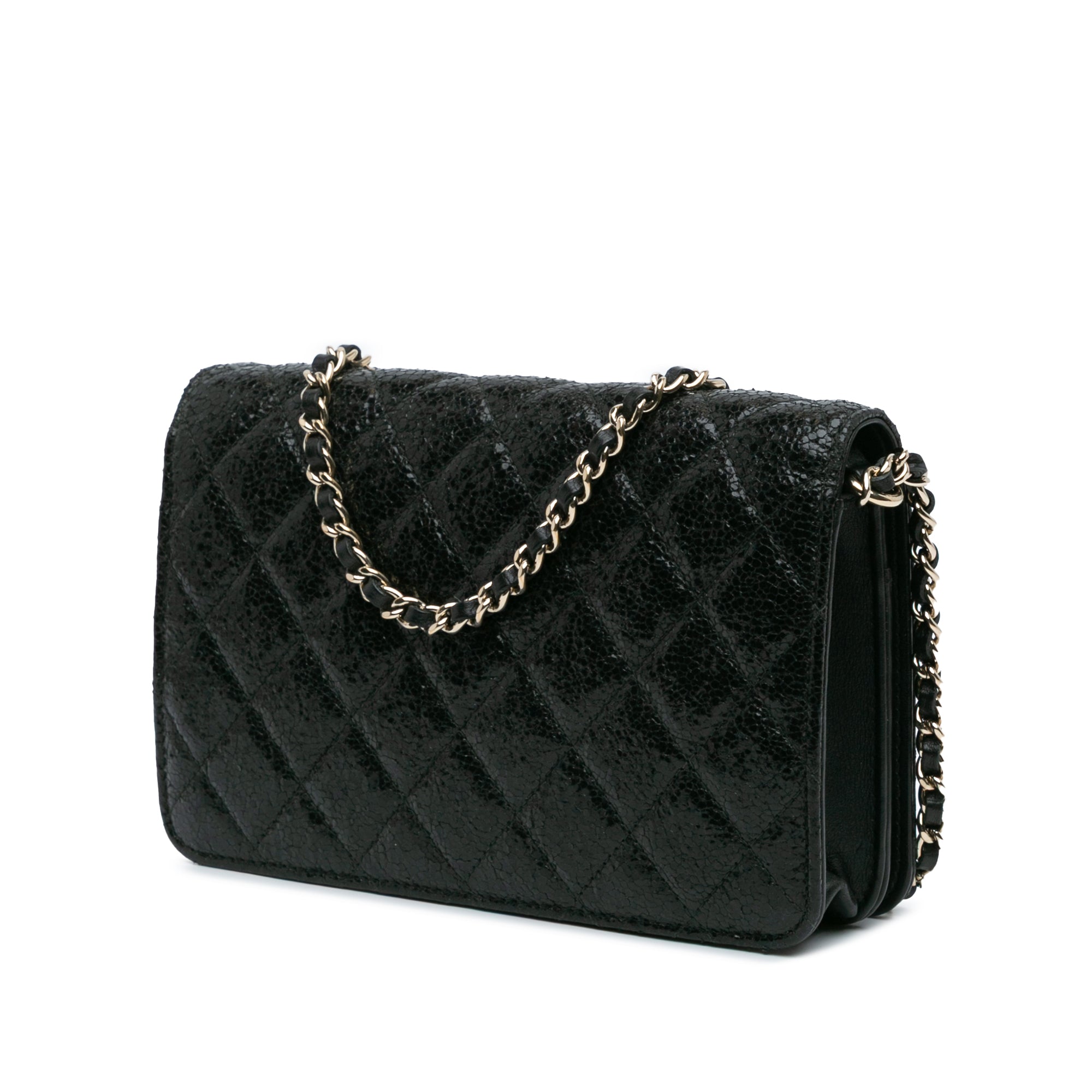 CC Quilted Crackled Patent Pearl Strap Wallet On Chain