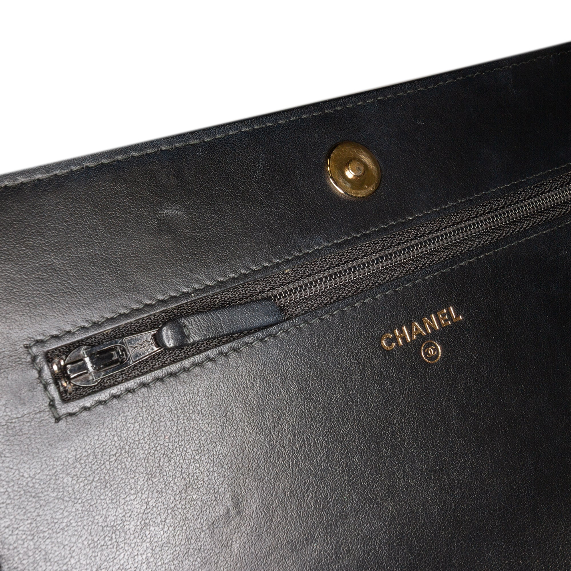 CC Quilted Crackled Patent Pearl Strap Wallet On Chain