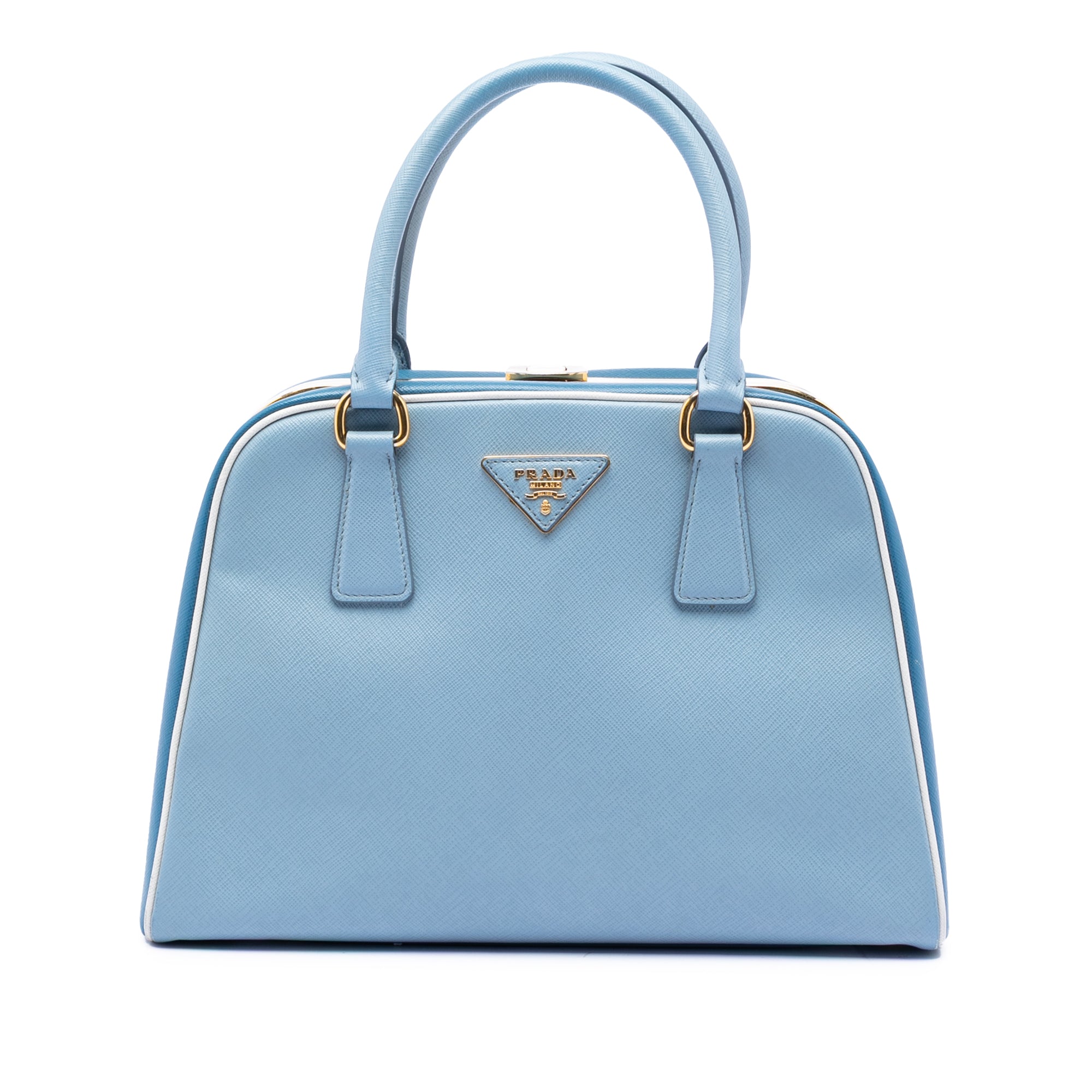 Bicolor Saffiano Lux Pyramid Frame Top Handle Bag