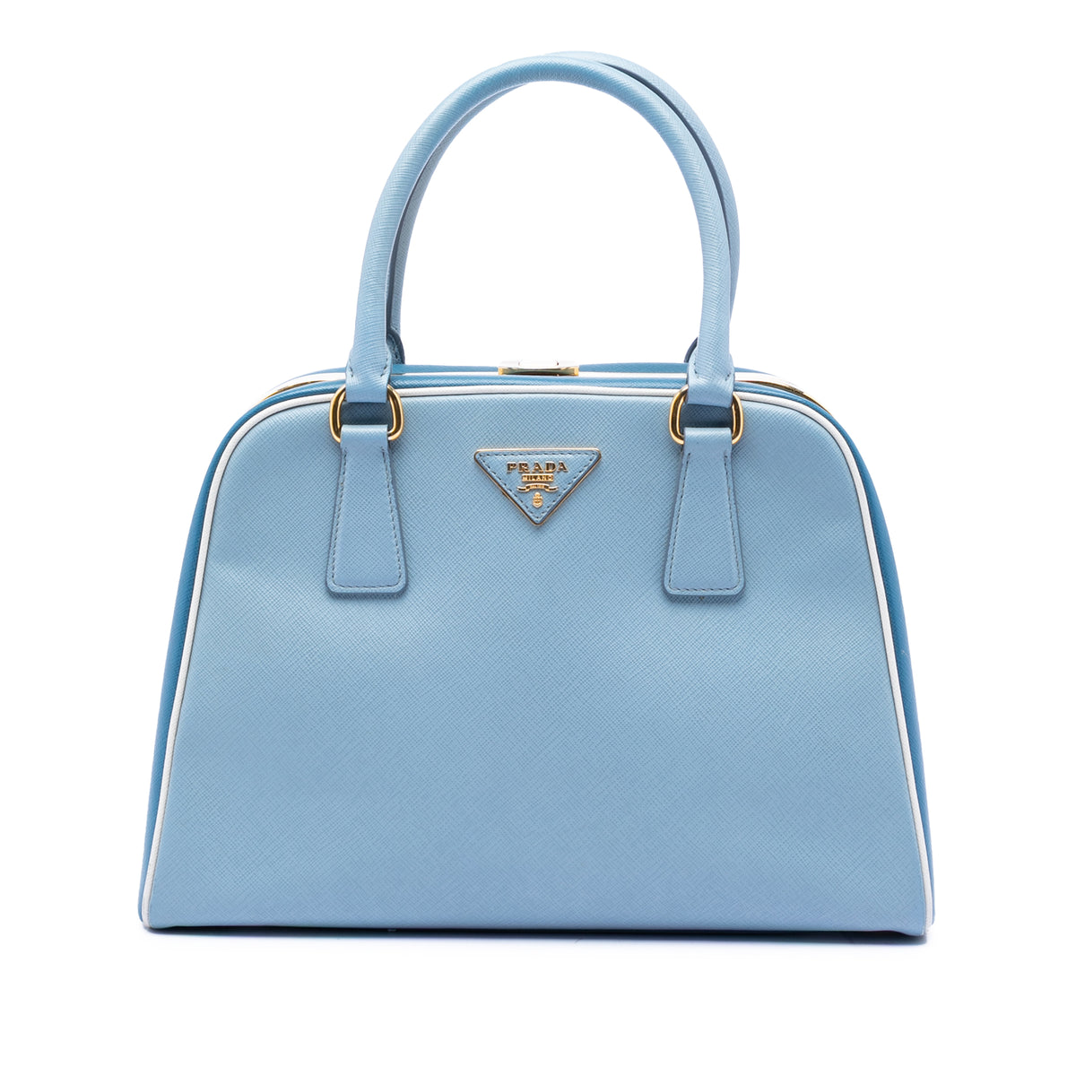 Bicolor Saffiano Lux Pyramid Frame Top Handle Bag