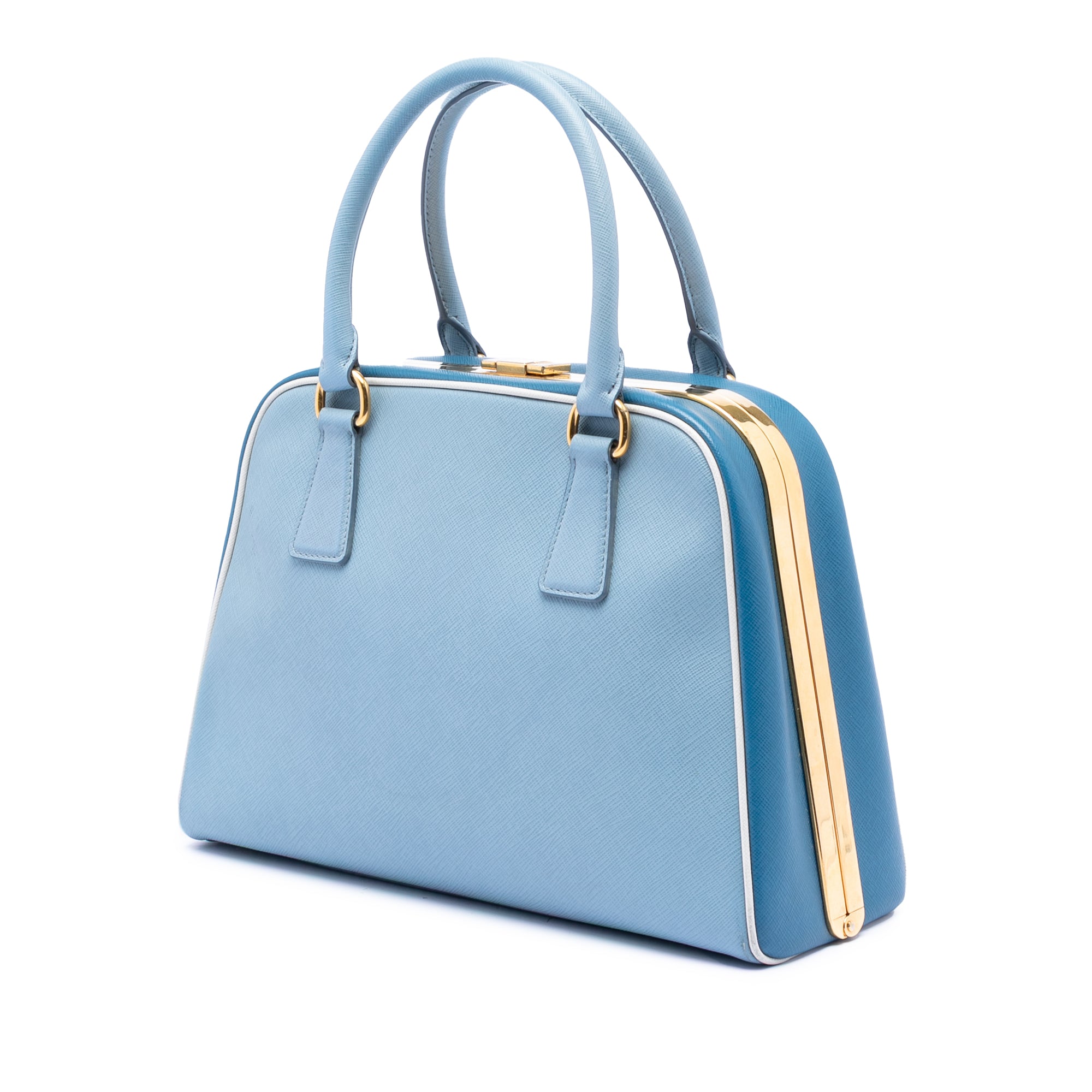 Bicolor Saffiano Lux Pyramid Frame Top Handle Bag