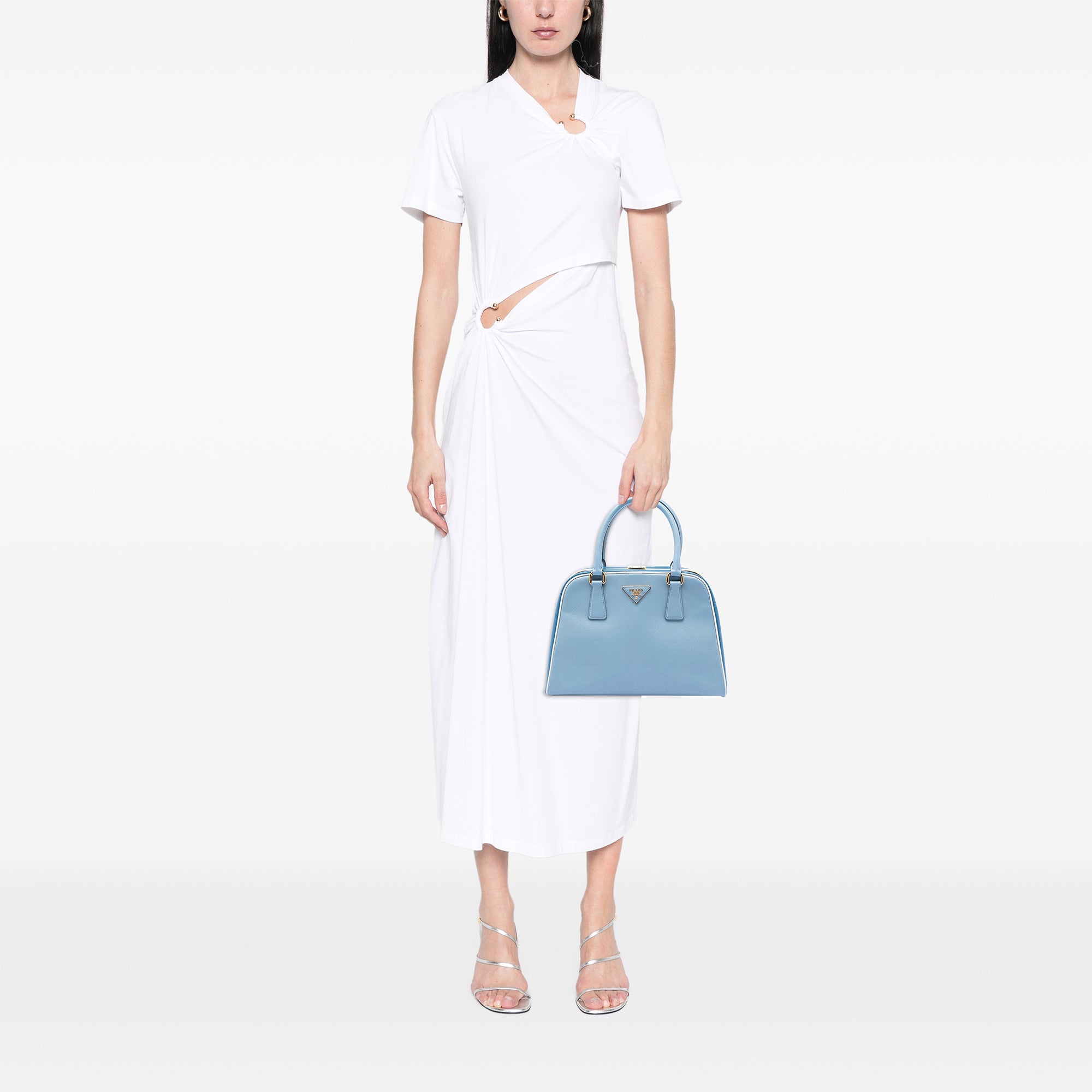 Bicolor Saffiano Lux Pyramid Frame Top Handle Bag