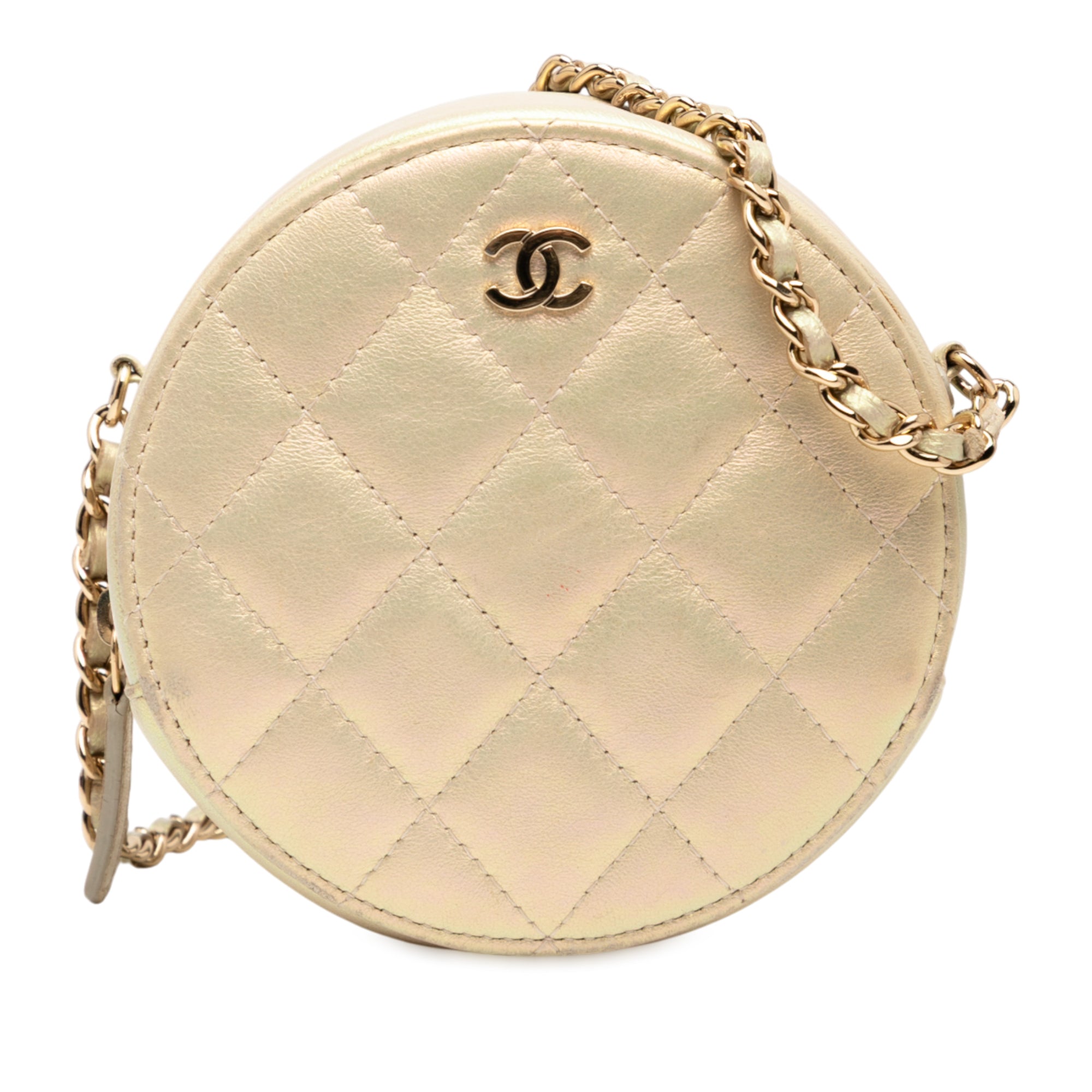 Quilted Iridescent Lambskin Round Clutch With Chain