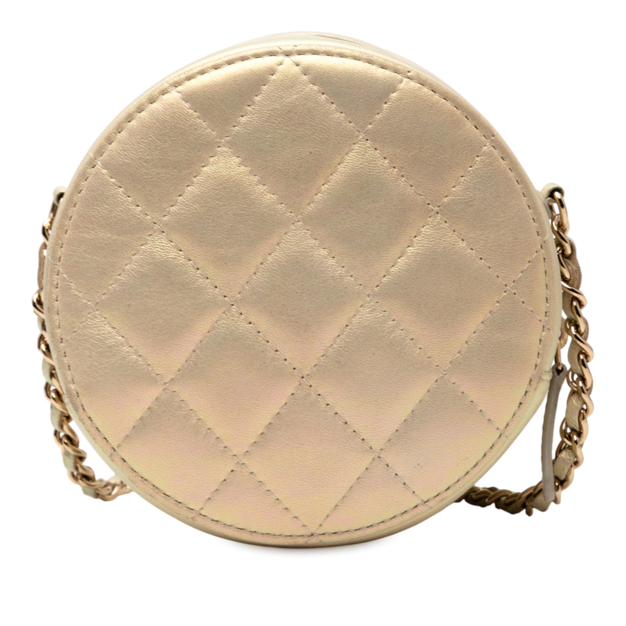 Quilted Iridescent Lambskin Round Clutch With Chain