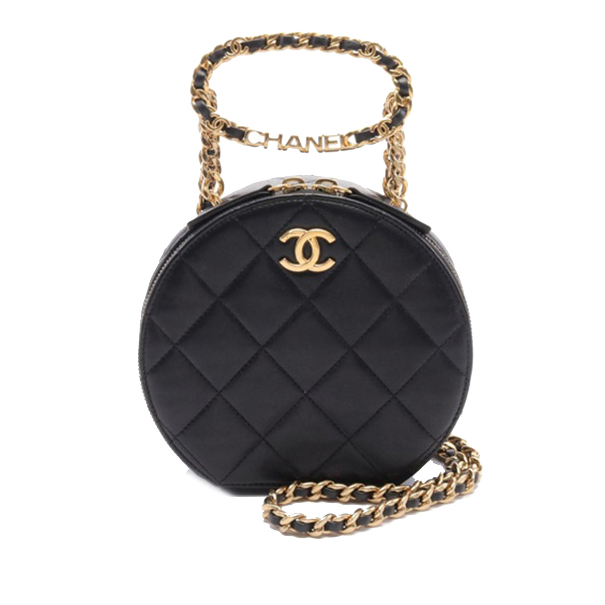 Quilted Lambskin Oval Logo Chain Top Handle Round Clutch on Chain